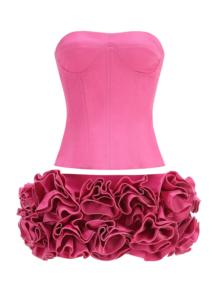 Pink Color Women Sexy Strapless Florals Bodycon Mini Dress Nigthclub Party Celebrate Birthday Fashion Outfit Vestido set