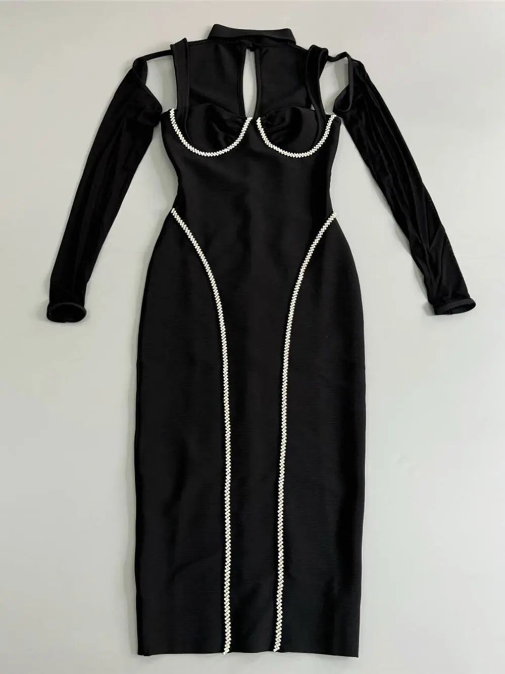 Sexy Women's Light Luxury Nail Diamond Bandage Dress O-neck Long Sleeve Hollow Design Bodycon Midi Dress Party Vestidos black