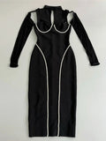 Sexy Women's Light Luxury Nail Diamond Bandage Dress O-neck Long Sleeve Hollow Design Bodycon Midi Dress Party Vestidos black
