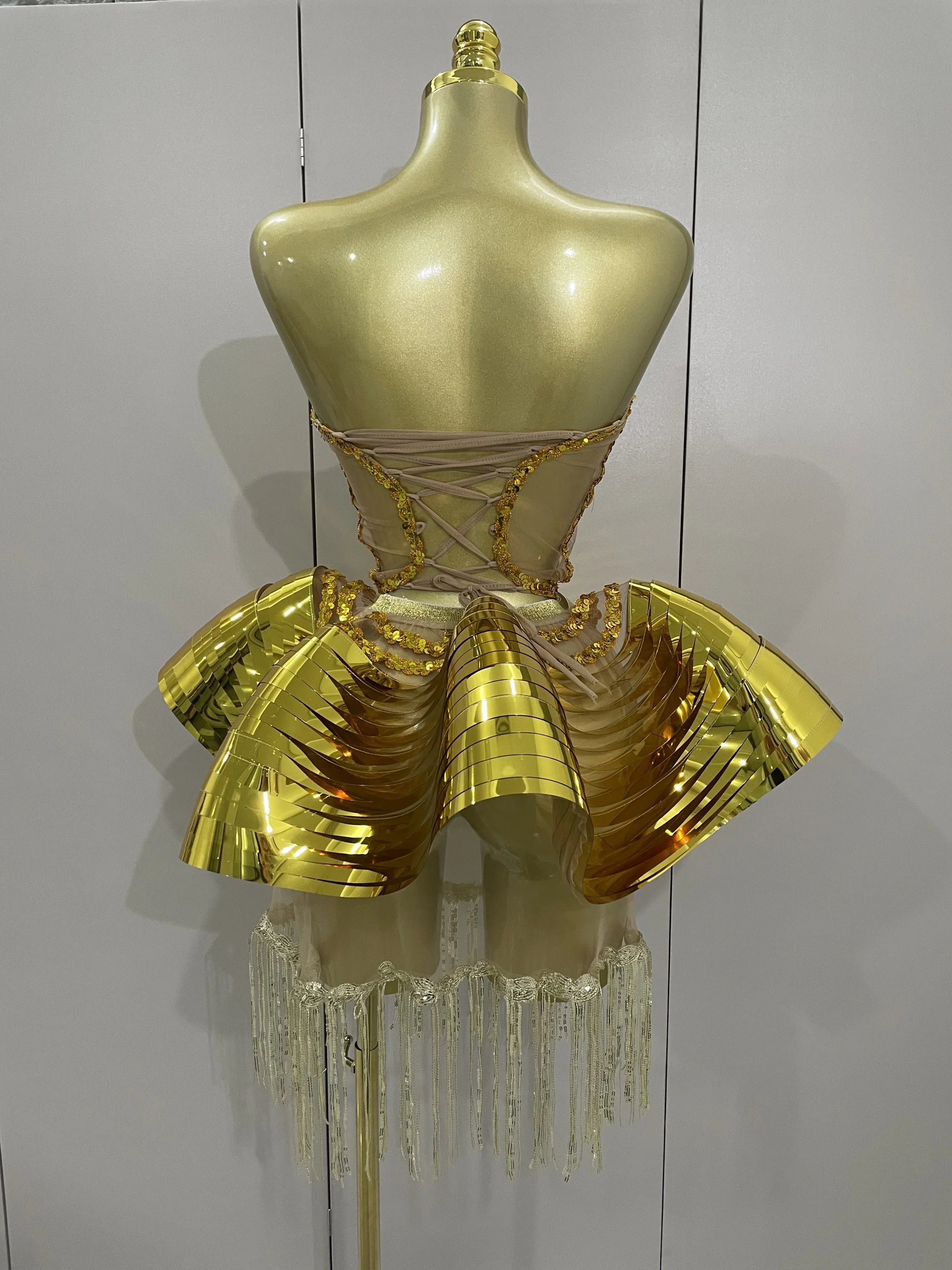 Shiny Gold Mirrors Sexy 2 Pieces Mini Dress  Women Celebrate Birthday Party Performance Stage Costume Festival Wear