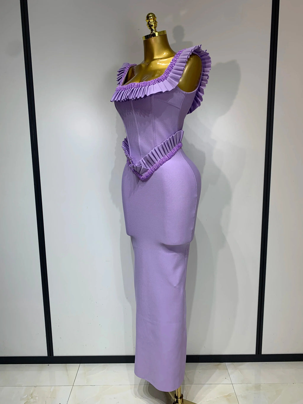Women Sexy Square Collar Ruffles Beading Long Bodycon Bandage Dress Celebrity Elegant Evening Club Party Birthday Dress