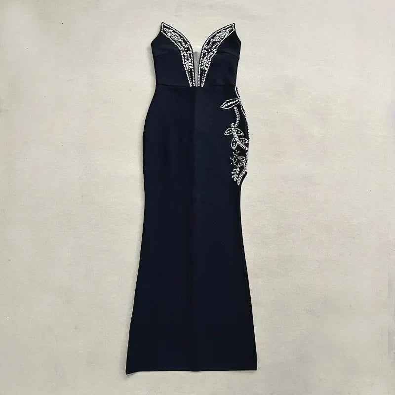 Women Shinning Crystal Strapless Off the Shoulder Bodycon Long Bandage Dress Elegant Evening Party Birthday Outfit