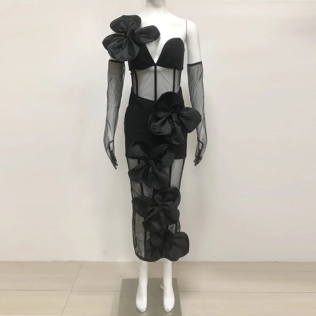 Women Sleeveless Sexy One Shoulder Floral Mesh See Through Bodycon Bandage Long Dress Celebrate Nightclub Party Wear