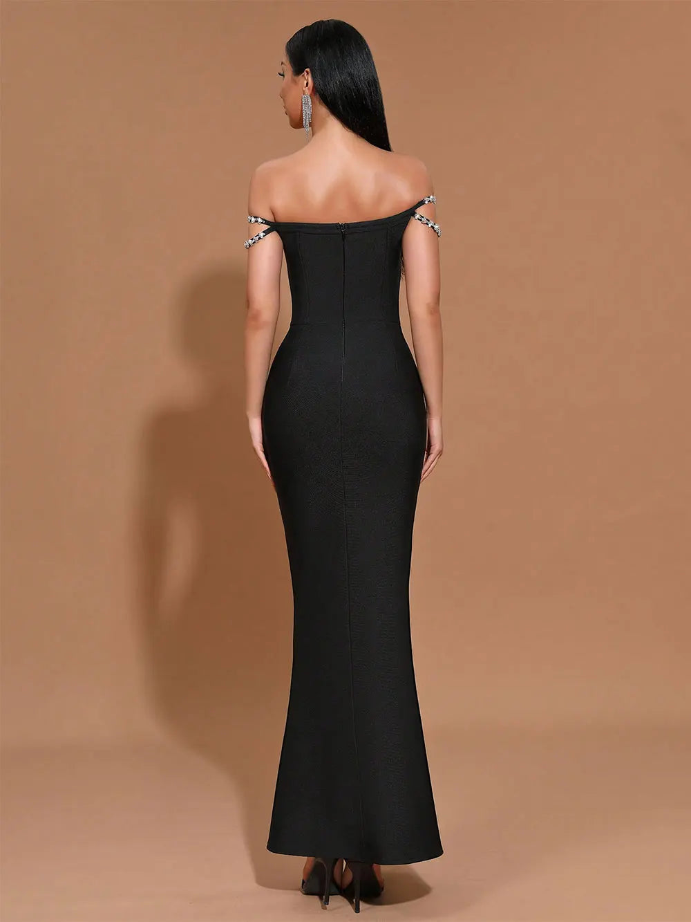 Elegant Women's Spaghetti Strap Nail Diamond Design Bandage Dress Bodycon Backless Long Dress Fashion Dinner Party Vestidos