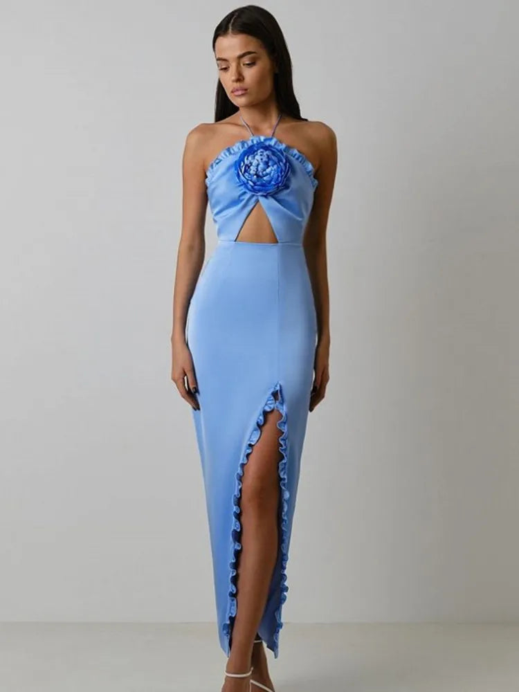 Black Skyblue Color Women Sexy Halter Off the Shoulder Bodycon Mid-calf Bandage Dress Fashion Nightclub Party Celebrate Dress SKY BLUE