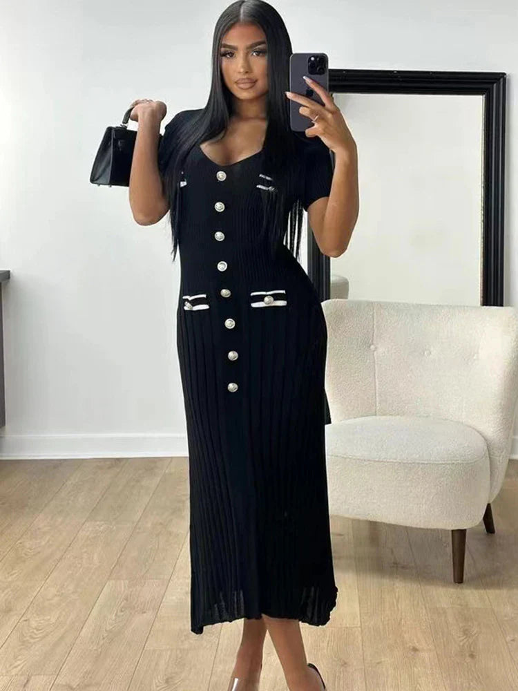 VNeck Knitted Short Sleeve Button Work Dress