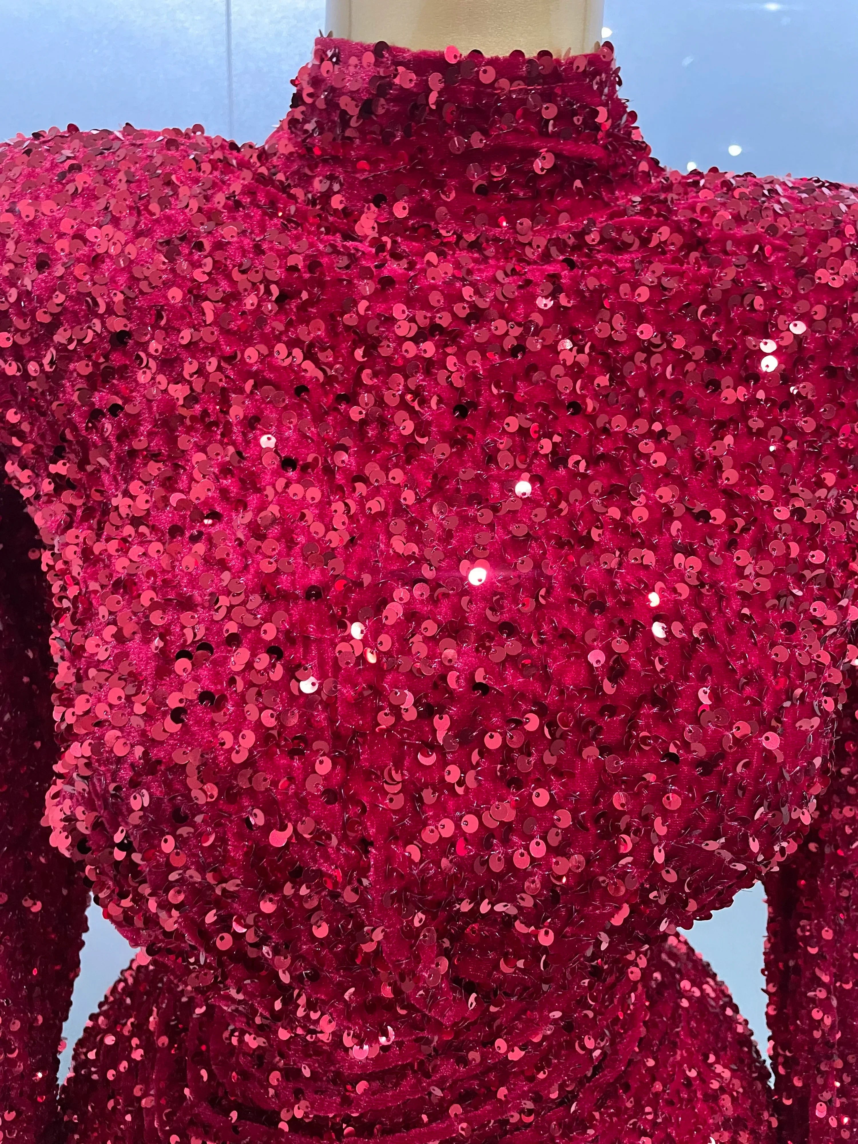 Sexy Sparkly Red Sequins Long Sleeve Short Dress  Women Evening Celebrate Birthday Party Club Performance Stage Costume