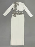 2024 Sexy Women's Bandage Skirt Set Stand up Collar Long Sleeve Nail Bead Water Diamond Short Top+Long Dress Two Piece Set WHITE