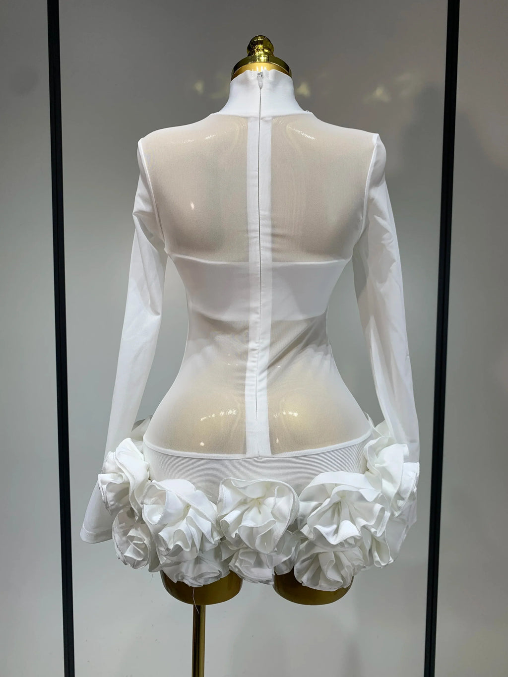 Women Sexy Mesh See through Stereoscopic Flowers White Red Mini Bandage Dress Birthday Evening Party Club Singer Perform Costume