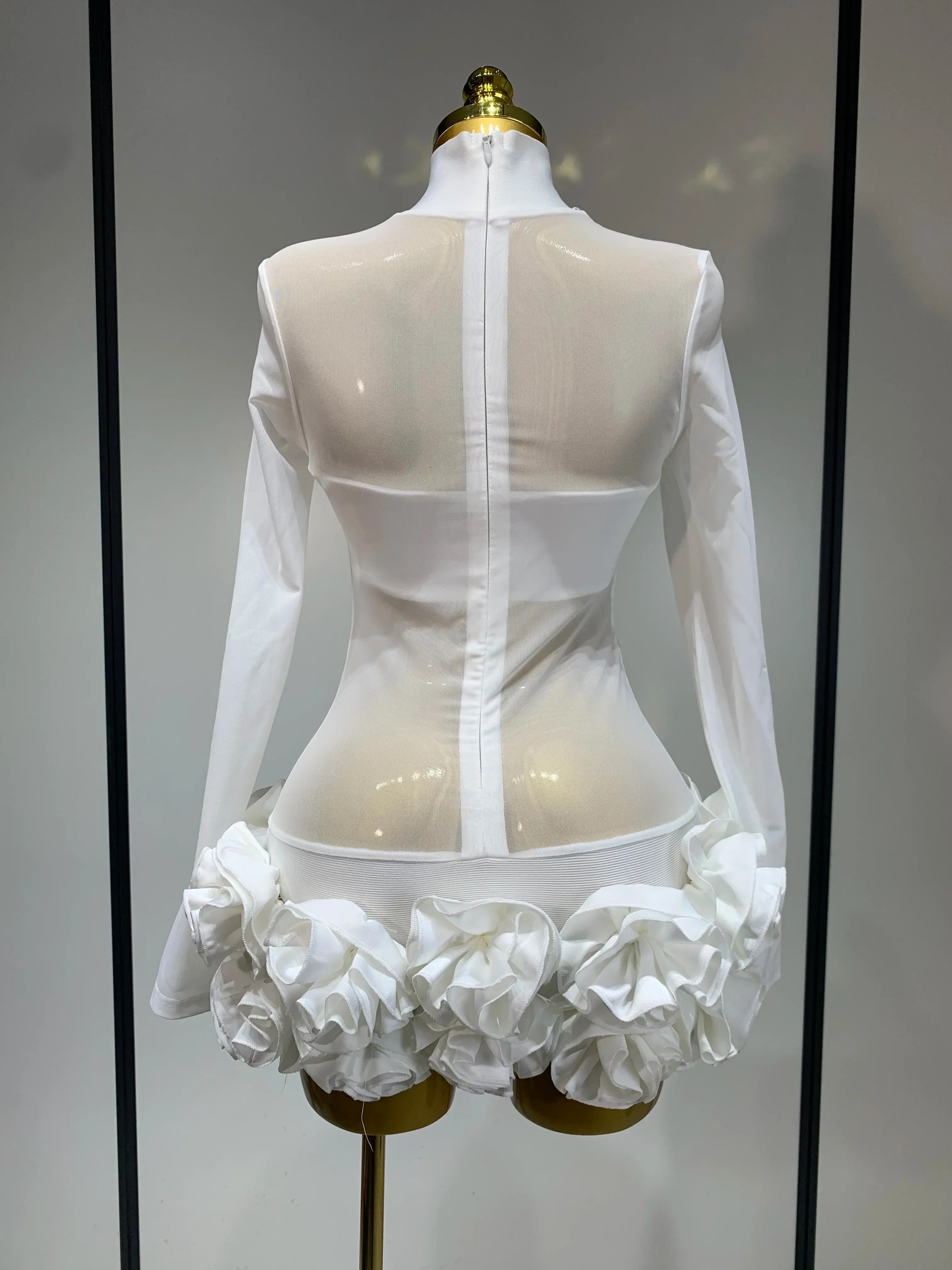 Women Sexy Mesh See through Stereoscopic Flowers White Red Mini Bandage Dress Birthday Evening Party Club Singer Perform Costume