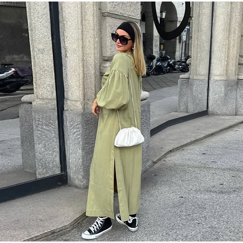 Casual Street Lace Up Long Dresses Women Chic Loose V neck Side Slit Solid Dress Female Summer Versatiel Street Party Robes