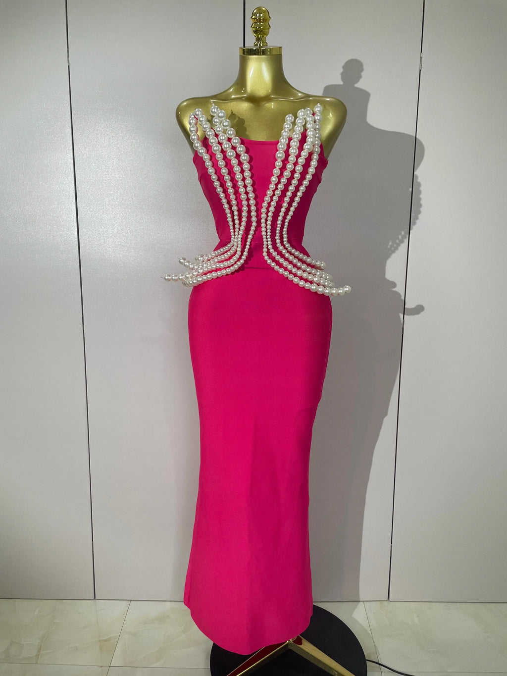 Sexy Strapless Pearl Beading Bodycon Long Bandage Dress Women Fashion Elegant Evening Party Luxury Birthday Dresses Rose Red