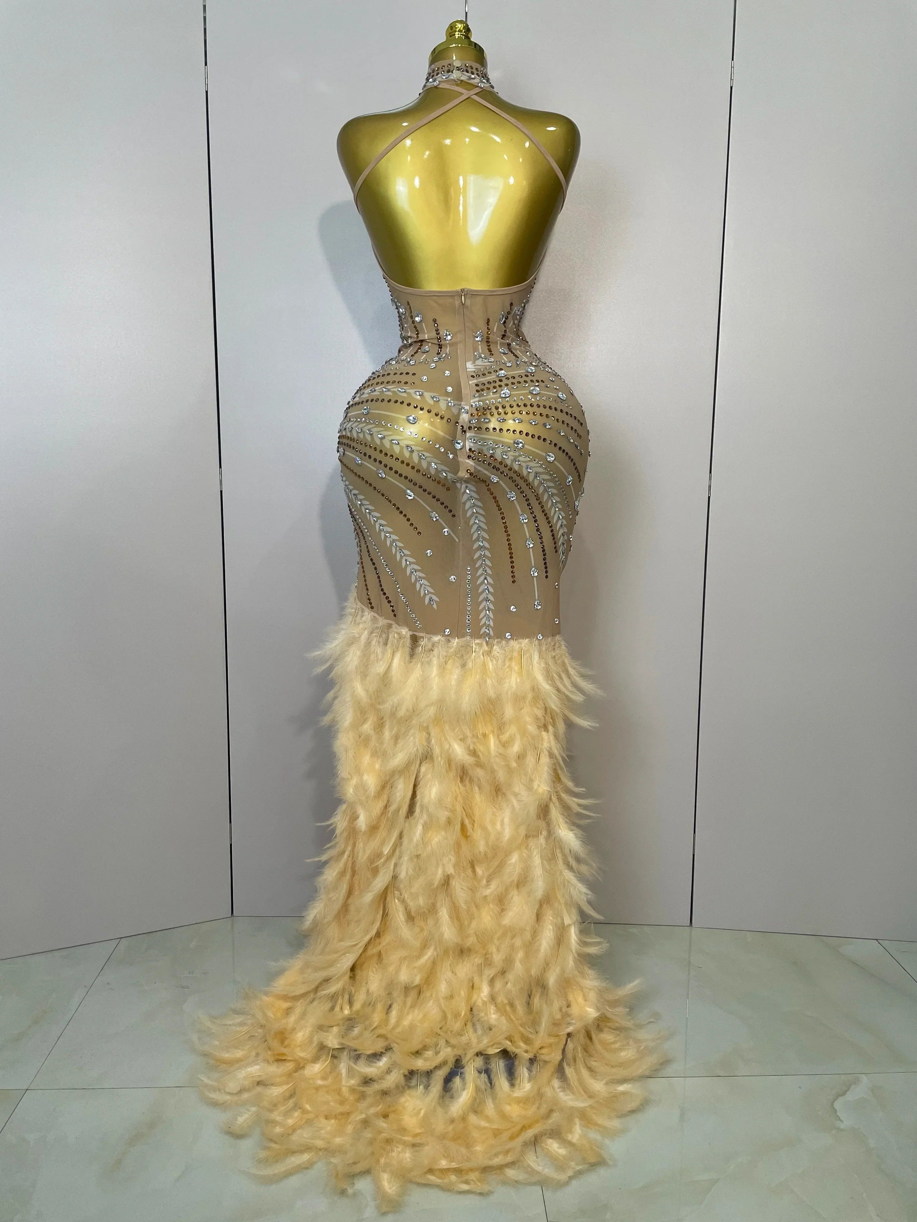 Sparkly Sexy Crystal  Floor-Length Feathers Maxi Dress  Elegant  Evening Party Birthday Performance Prom Dance Stage Costume