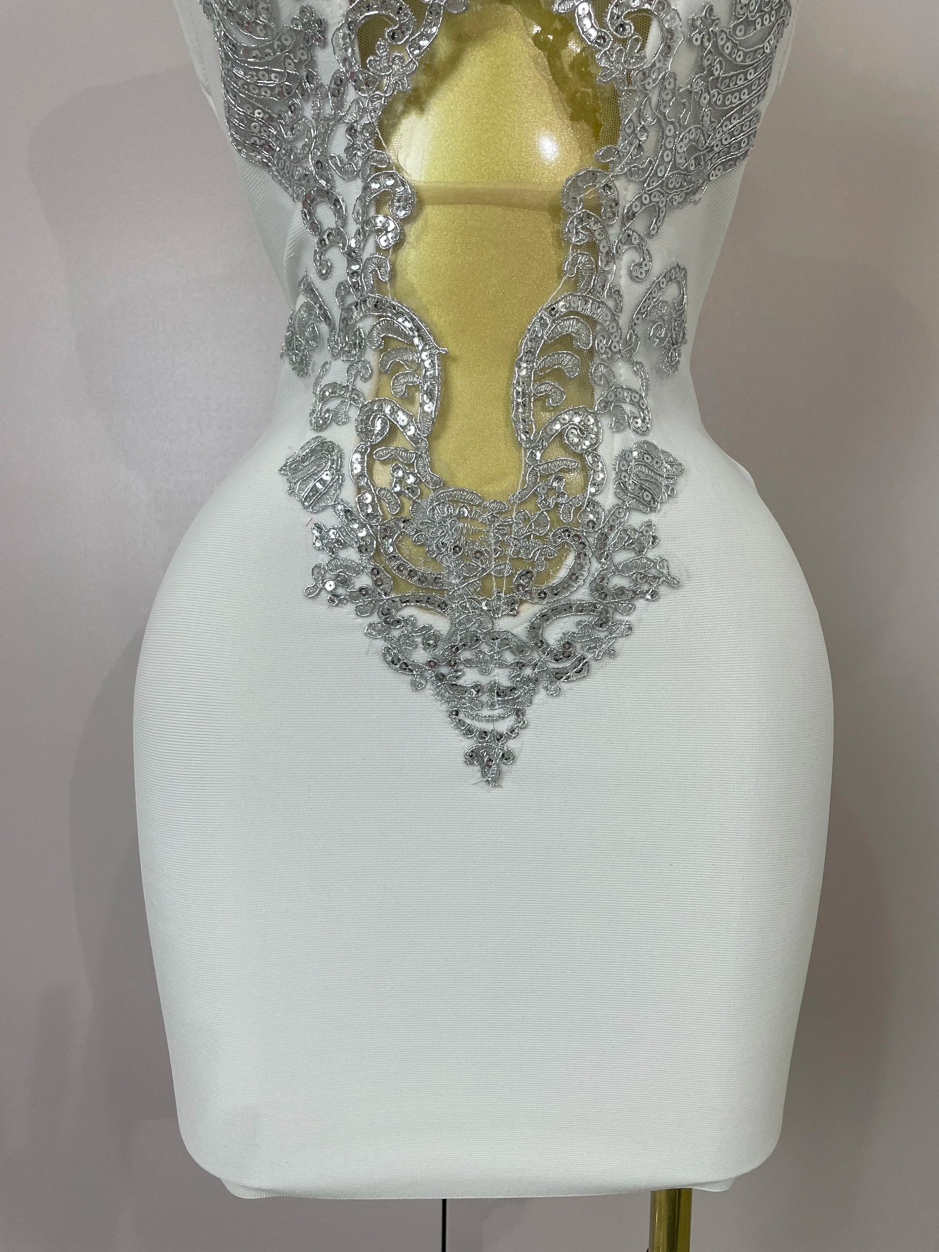 Sexy Silver Sequin White V Neck Cut Out Short Bandage Dress Women  Elegant Luxury Birthday Party Club Wedding Vestidos