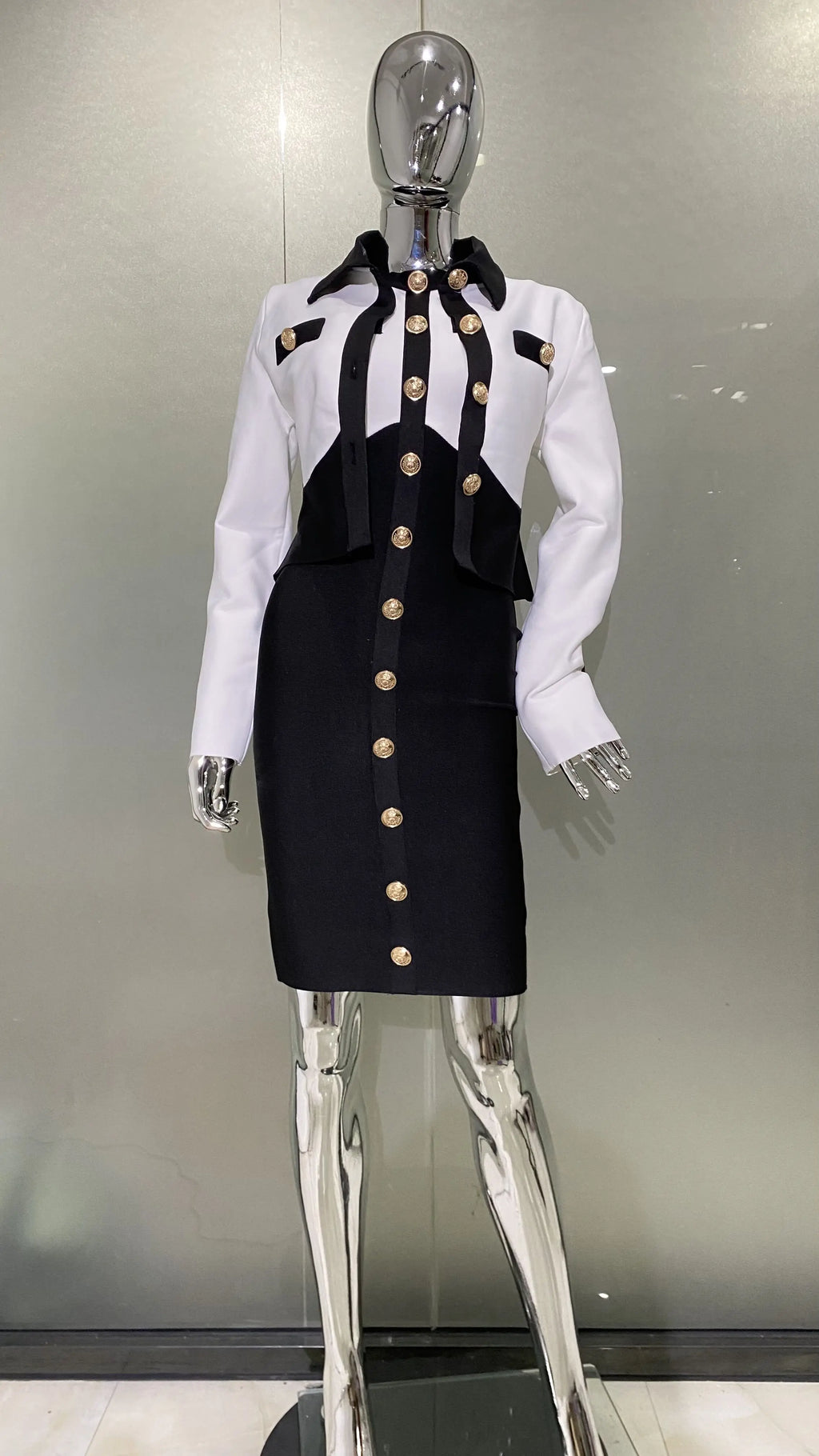 Arrivals Fashionable  Women's Bandage Set Golden Buttons White Patchwork Black Coat And Sleeveless Bodycon MIini Dress