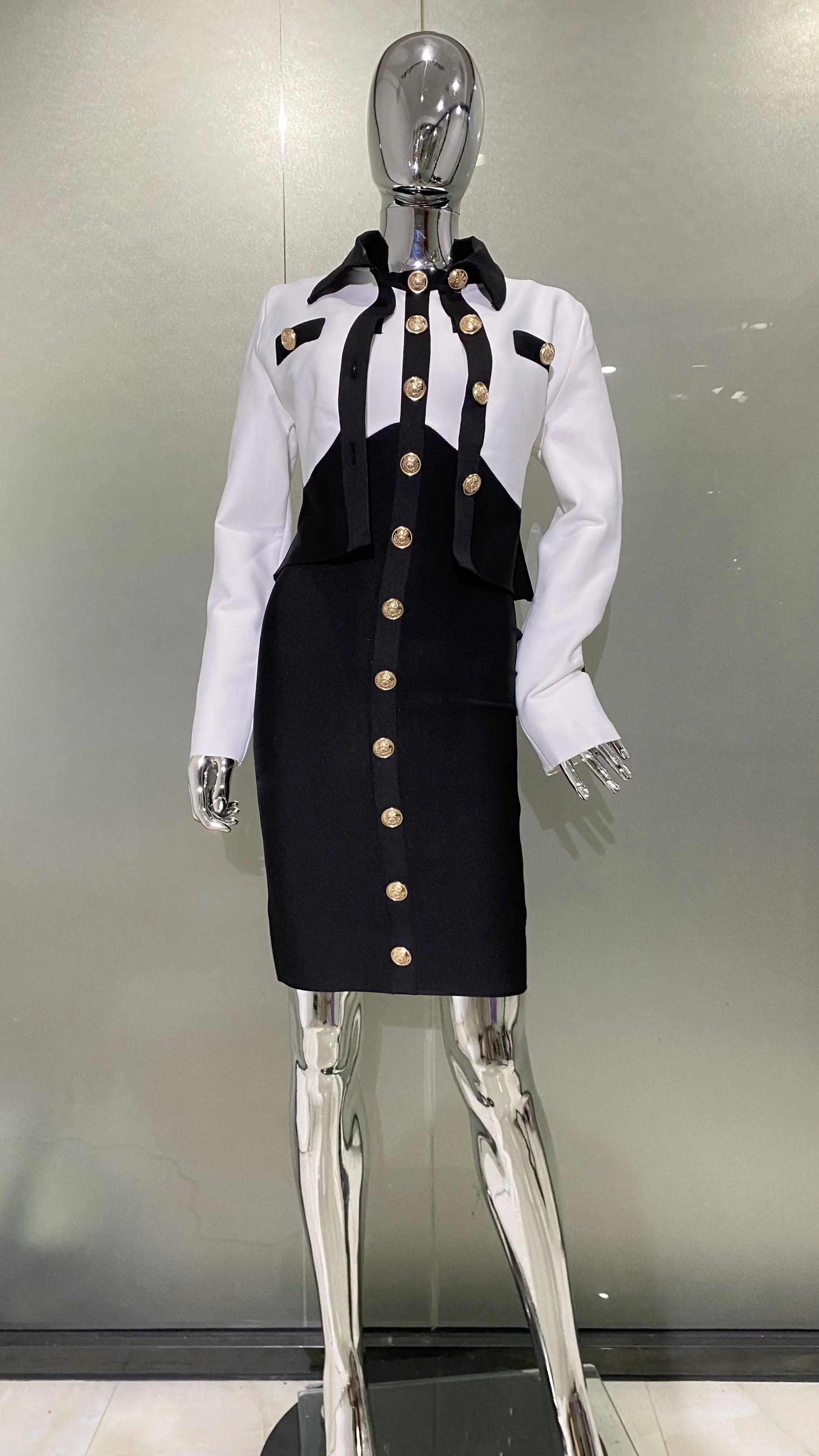 Arrivals Fashionable  Women's Bandage Set Golden Buttons White Patchwork Black Coat And Sleeveless Bodycon MIini Dress