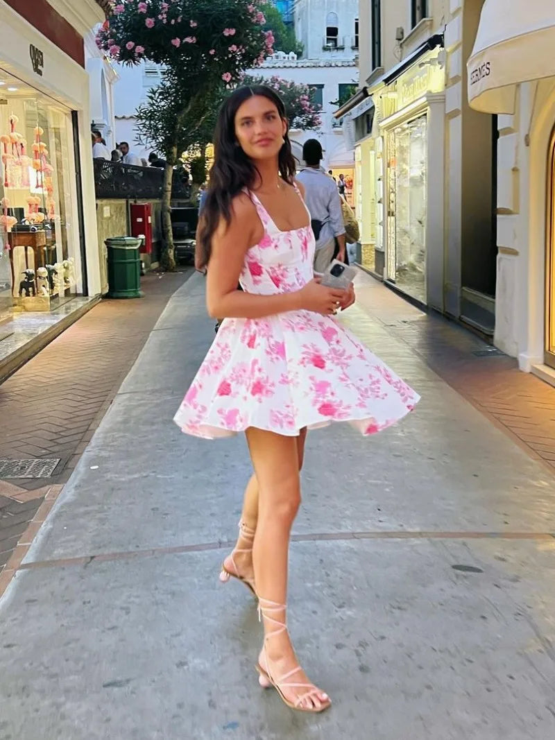 Woman Clothing Sexy Slash Neck Floral Printed Birthday Party Dress Sleeveless High Waist A line White Short Holiday Dresses 2024