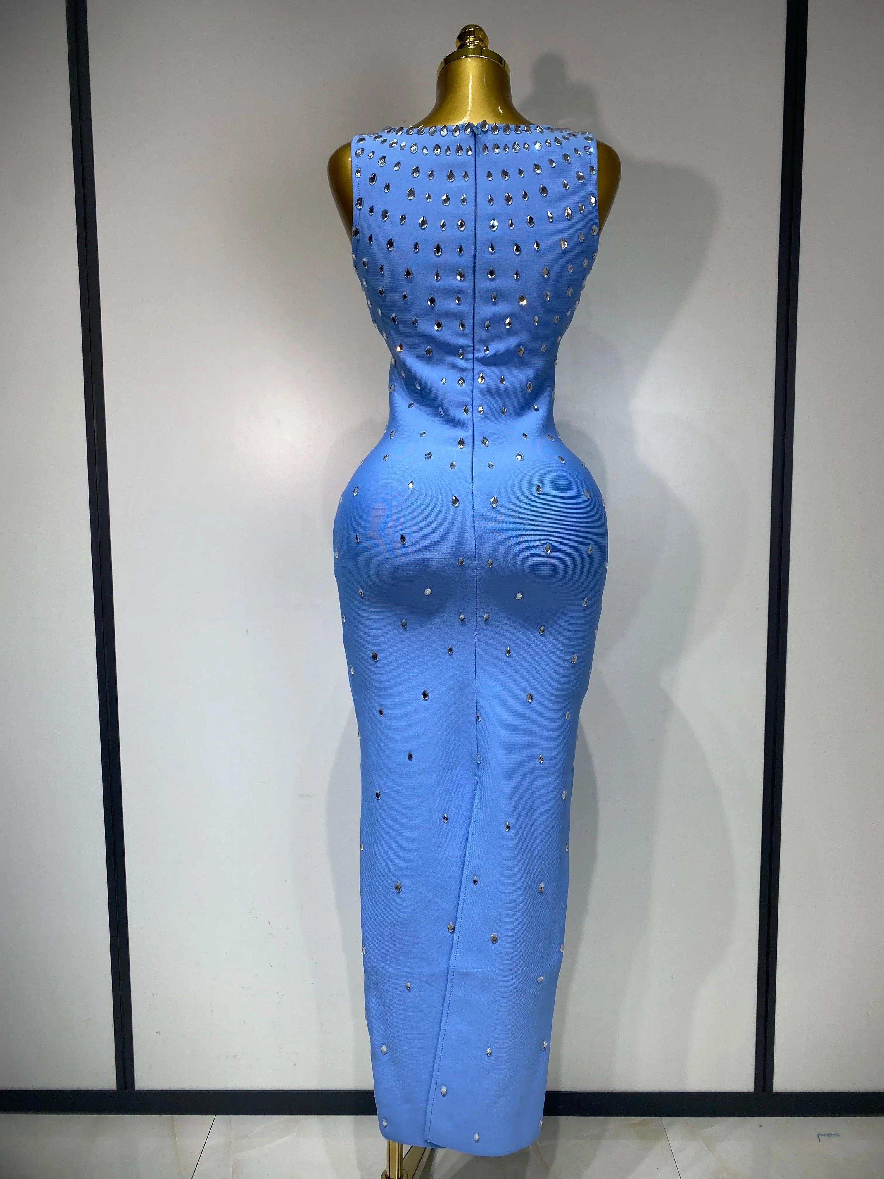 Women Sparkly Rhinestone Bandage Long Dress Elastic Sleeveless Bodycon High Street Evening Club Party Elegant Birthday Gowns