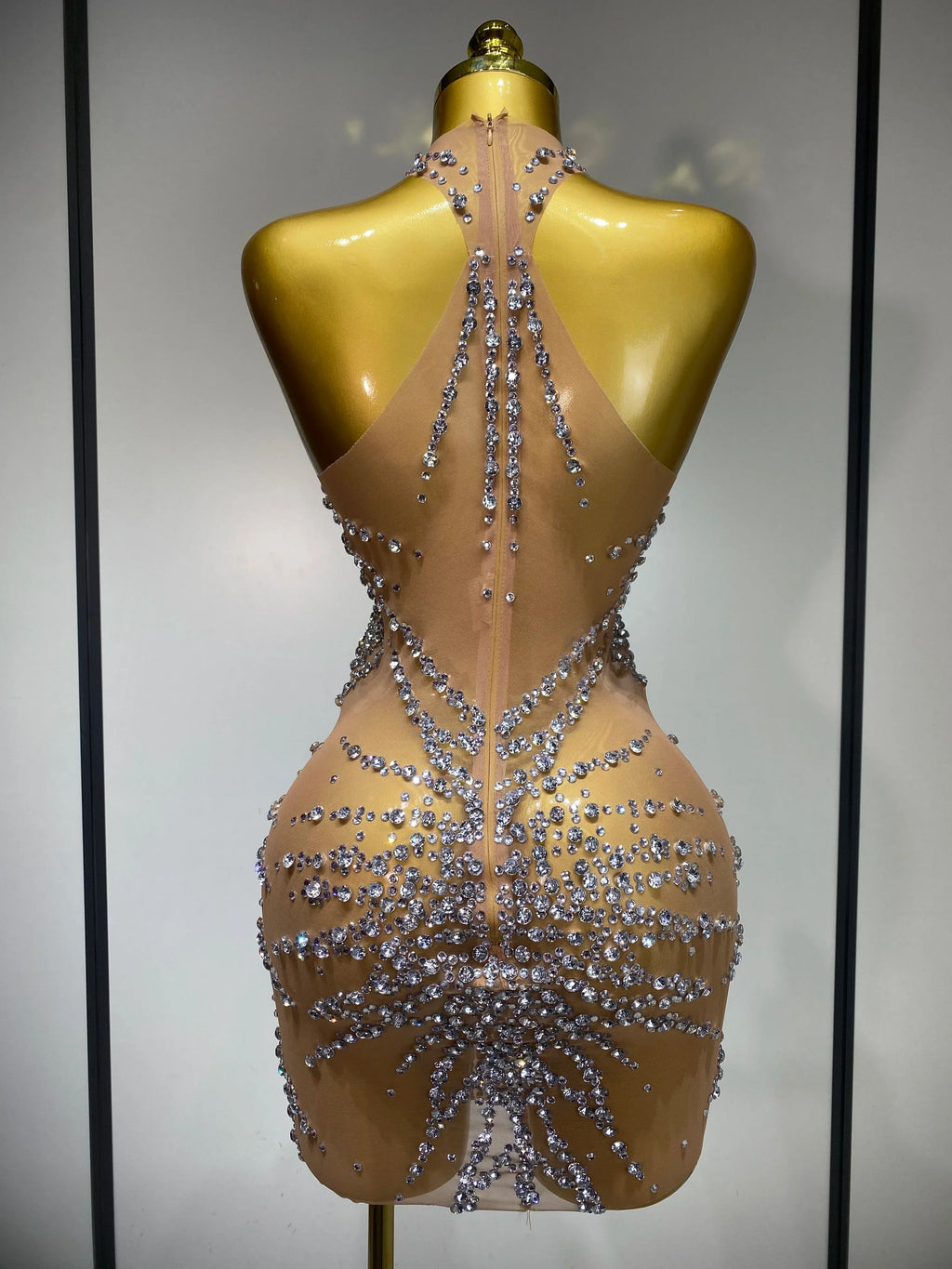 Luxury Rhinestones Mesh Transparent Prom Mini Dress Shinny Women Birthday Celebrate Party Prom Nightclub Outfit Stage Costume