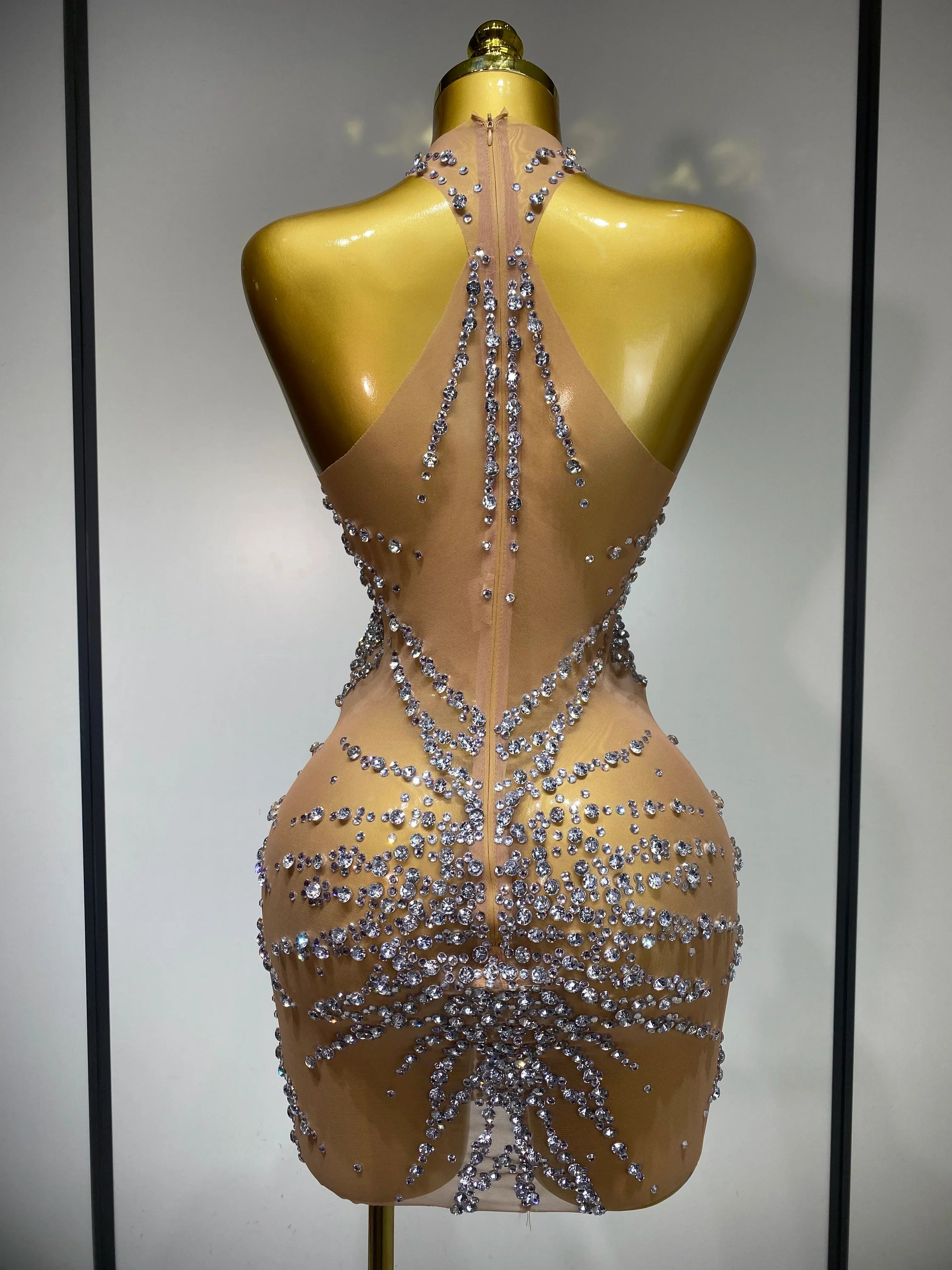 Luxury Rhinestones Mesh Transparent Prom Mini Dress Shinny Women Birthday Celebrate Party Prom Nightclub Outfit Stage Costume