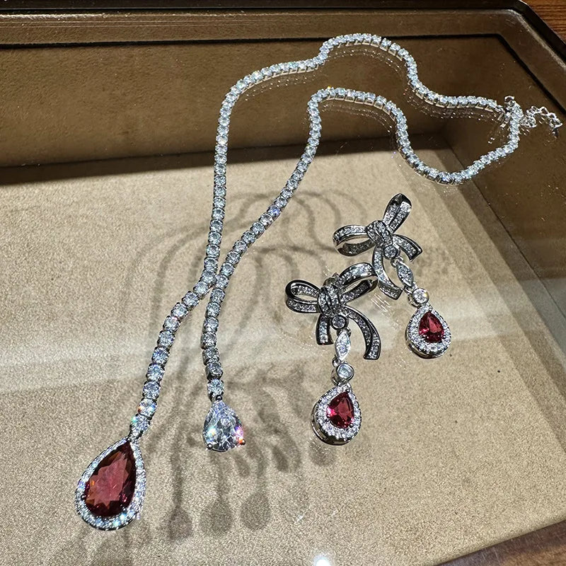 Vintage AAA Zircon Bridal Earrings Red CZ Zirconia Wedding Earring For Brides Women Accessories Dinner Party Dress Jewelry