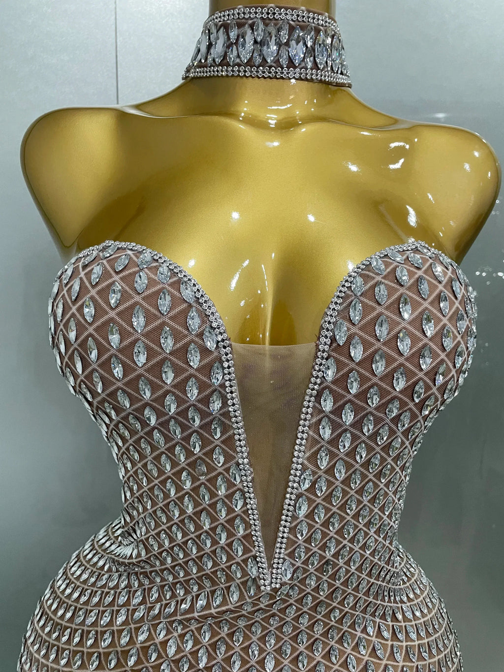 Luxurious Full Rhinestones Mesh Transparent long dress Women Birthday Celebrate Evening Prom Dress party Club Stage Costume