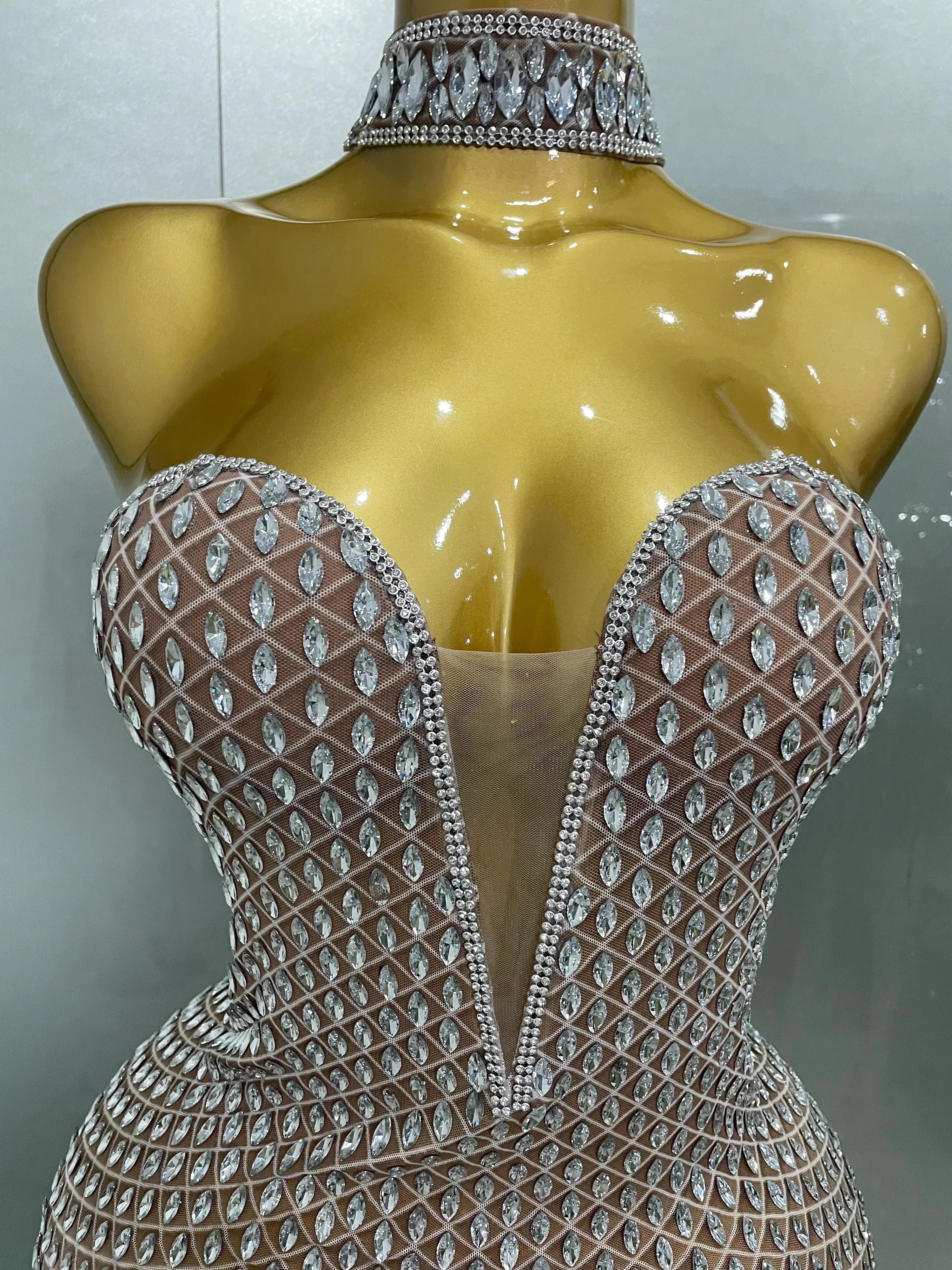 Luxurious Full Rhinestones Mesh Transparent long dress Women Birthday Celebrate Evening Prom Dress party Club Stage Costume