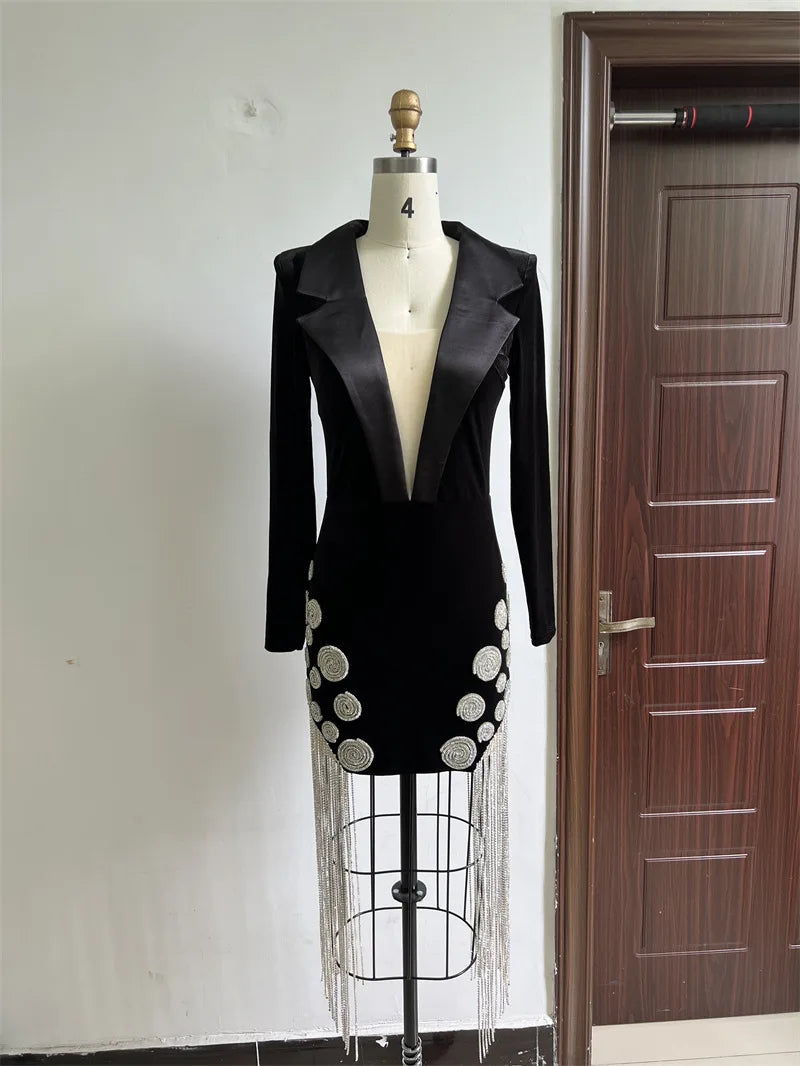 Luxury Diamonds Tassel Sexy  Deep V Notched Black Velvet  Dress Woman Evening Party Vestido Celebrate Club Party Outfit