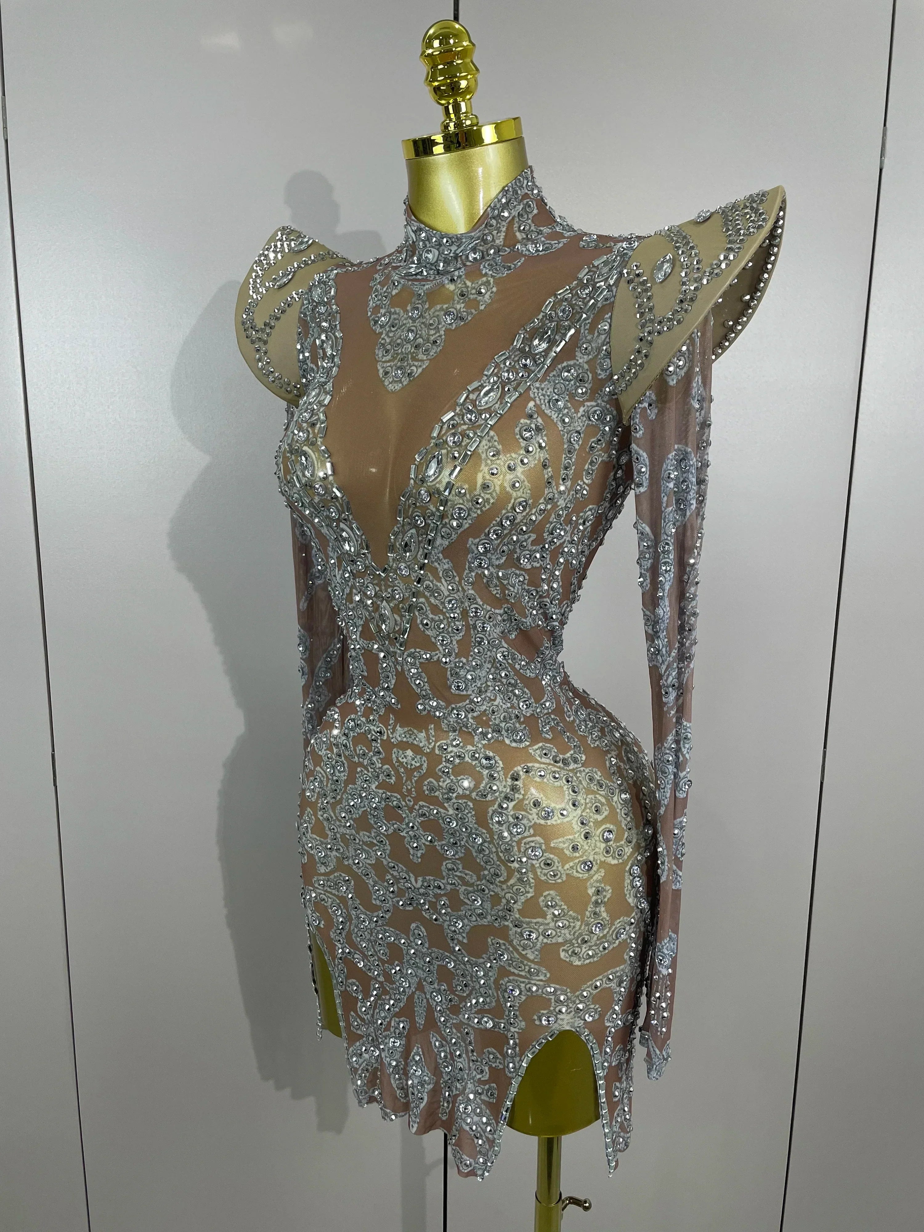 Sexy Singer Stage Drag Queen Costume  Women Shiny Rhinestones Transparent Short Dress Birthday Celebrate Photoshoot Dress