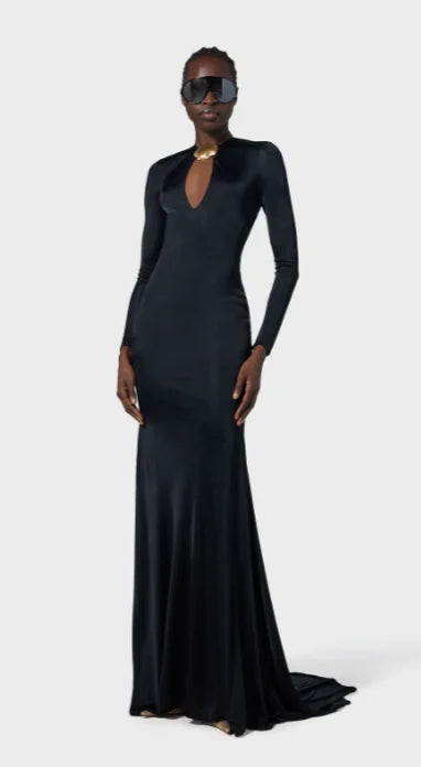 Women Long Sleeve Sexy Keyholes Bodycon Floor-length Dress Elegant Evening Party Prom Runway Fashion Dress black