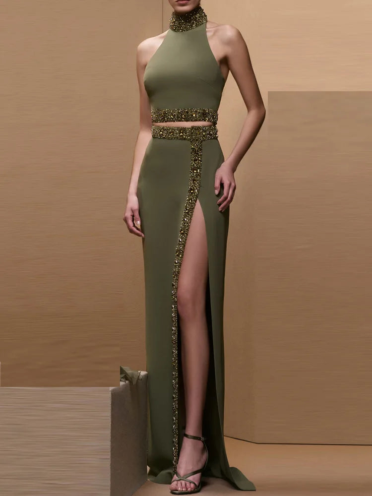 New Spring Women Sexy Beading Tank Tops High Split Bodycon Long Skirts Set Elegant Evening Party Birthday Dress Vestido army green