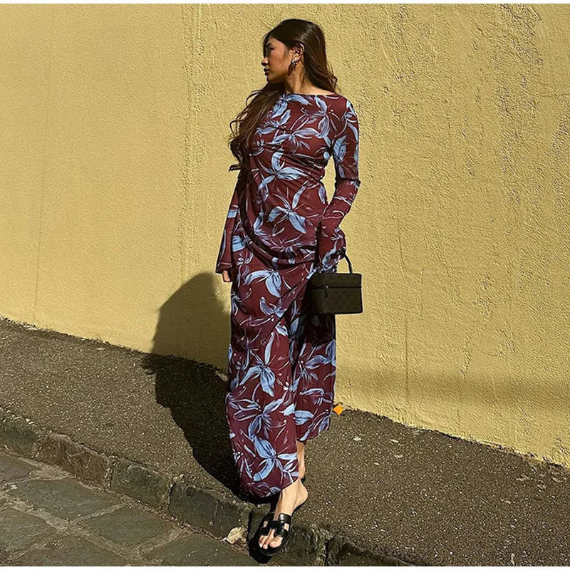 Retro Printed O neck Holiday Dress Women Elegant Full Sleeve Waist cinching Long Dresses Female 2025 Summer Chic Street Vestidos