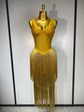 Sexy V Neck Yellow Tassels Women Prom Dress Sheath Sleeveless Party Gown Elegant Formal Luxury Birthday Club Dresses Gold