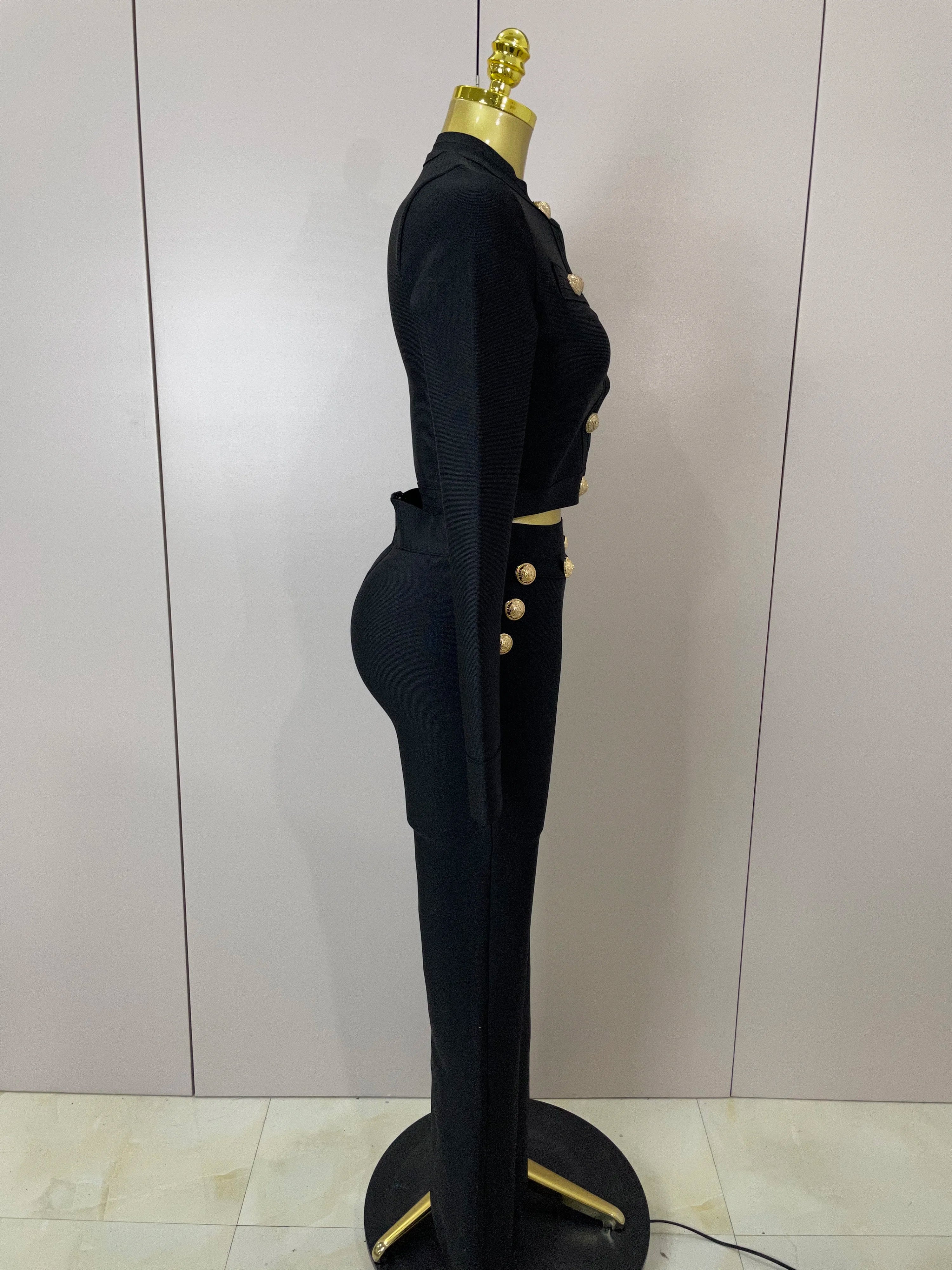 Golden Buttons Short Coat Top And Flare Pants  Bandage 2 Pieces Set Woman Celebrity Evening Party Vestidos