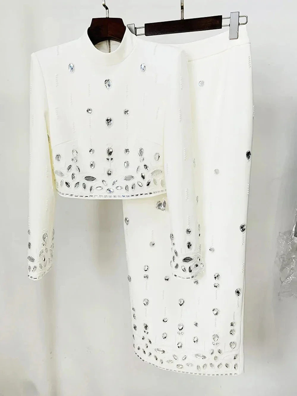 2024 Heavy Industry Nail Bead Inlaid Diamond Short Skirt Set O-neck Long Sleeve Slim Fit Short Top+Nail Bead Skirt Two Piece Set White long style