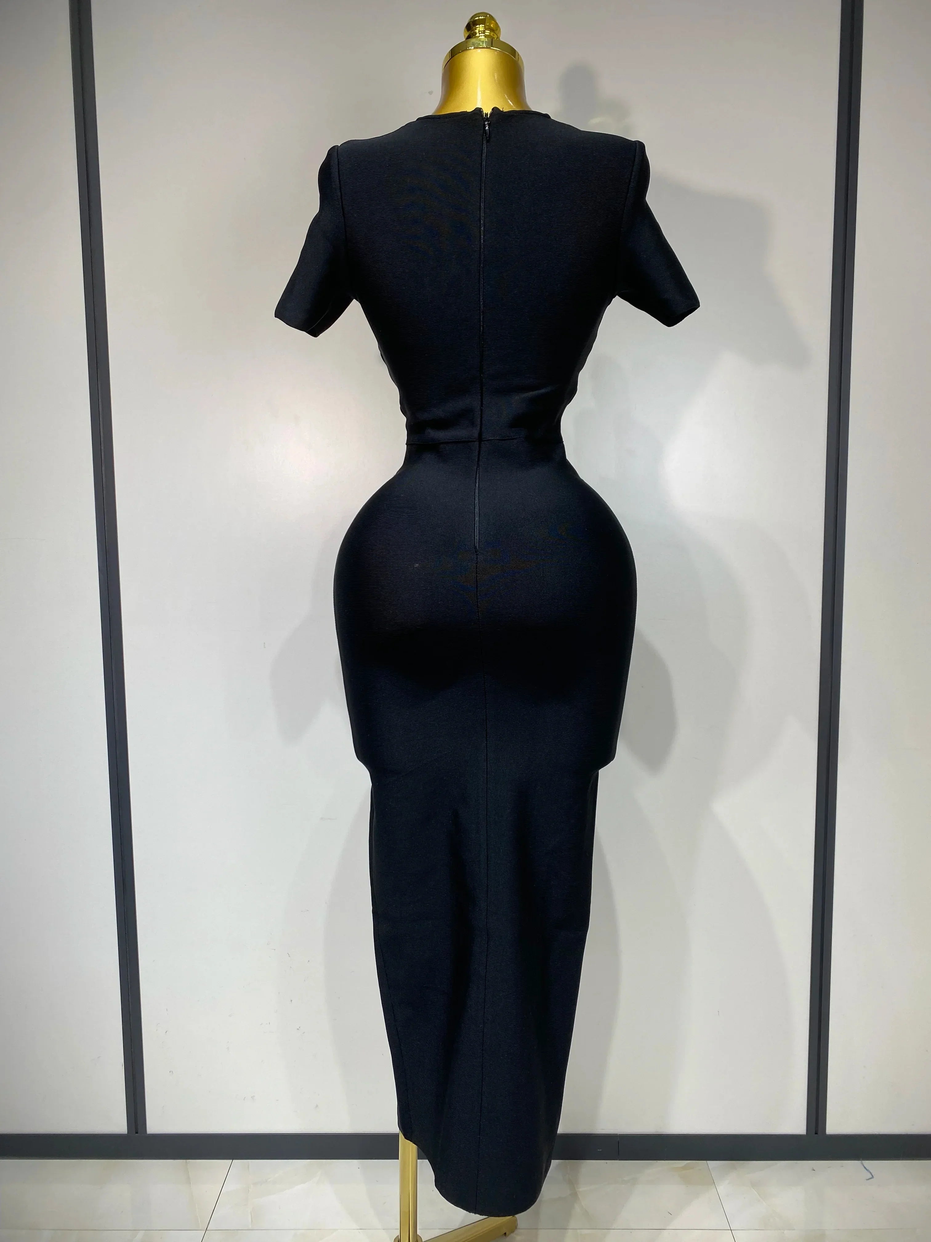 Women Sexy Cut Out Short Sleeve Bodycon Long Dress Party Evening Celebrate Birthday Black Bandage Knitted Club Prom Gown