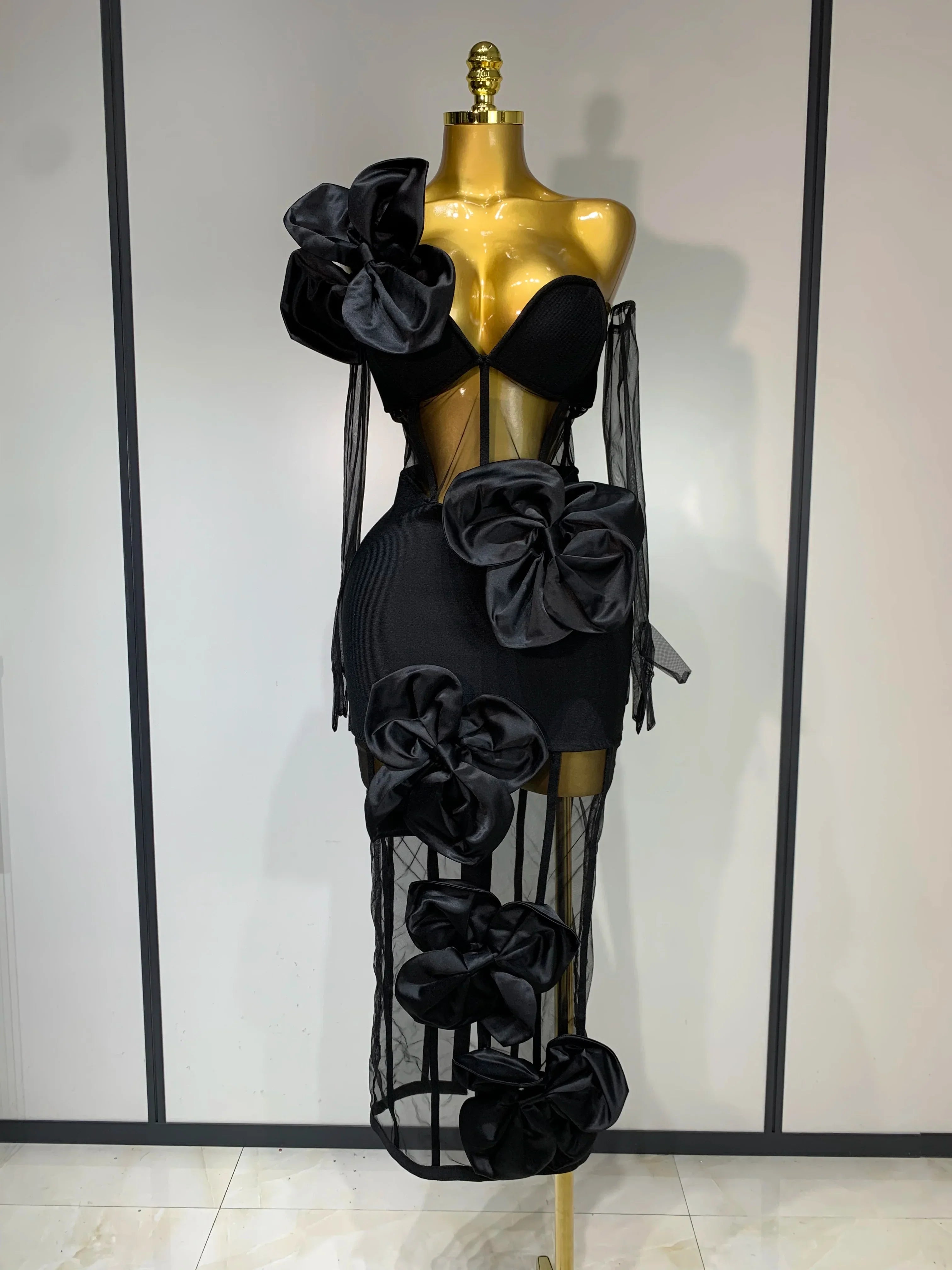 Women Sexy One Shoulder Bow Mesh See Through Bandage Bodycon Dress With Gloves Black Sleeveless Elegant Party Birthday Dresses black