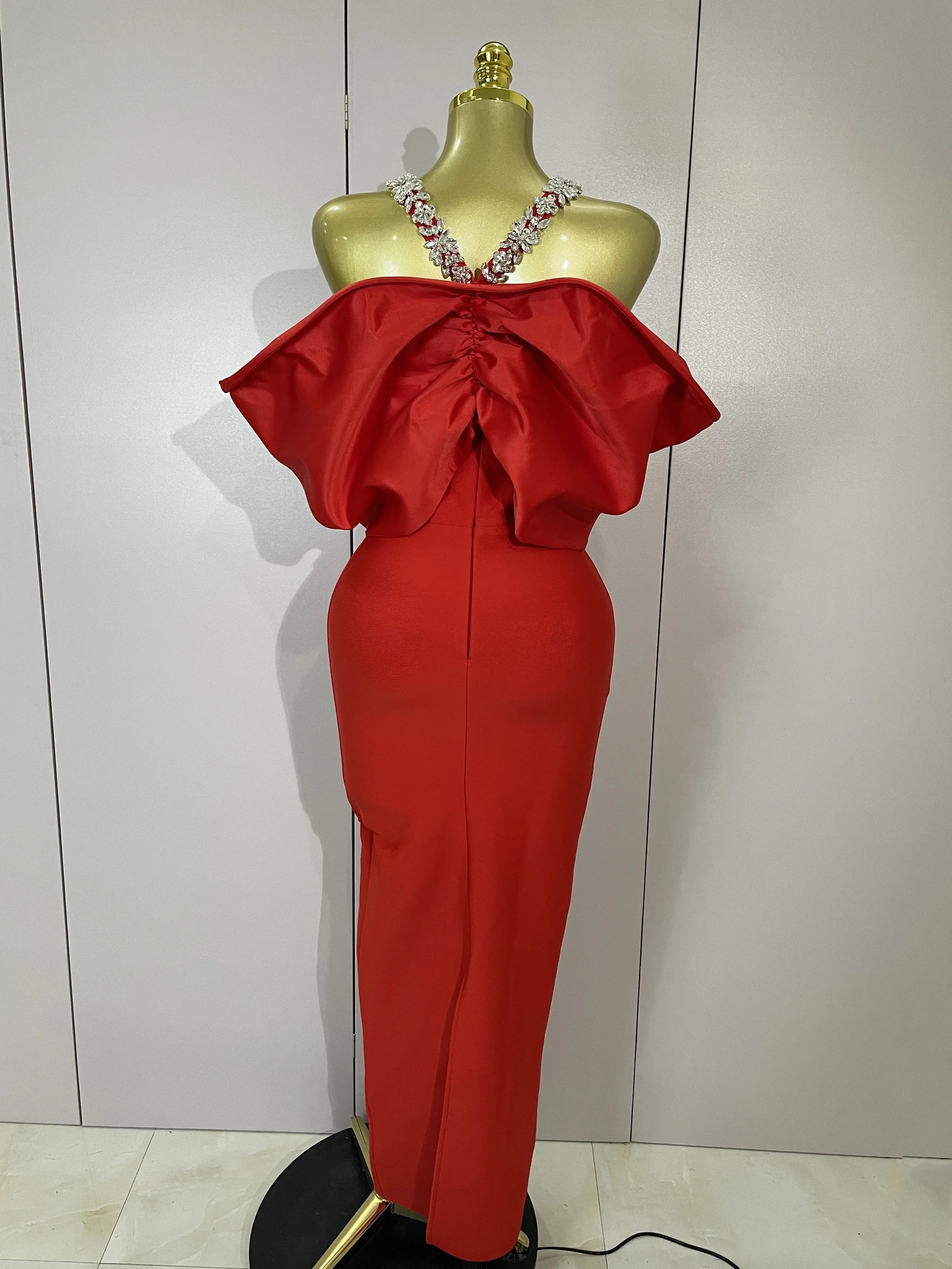 Luxury Rhinestone Chain Red Off Shoulder Vintage Butterfly Chic Bodycon Long Dress  Elegant Evening Party Birtyday Clothing