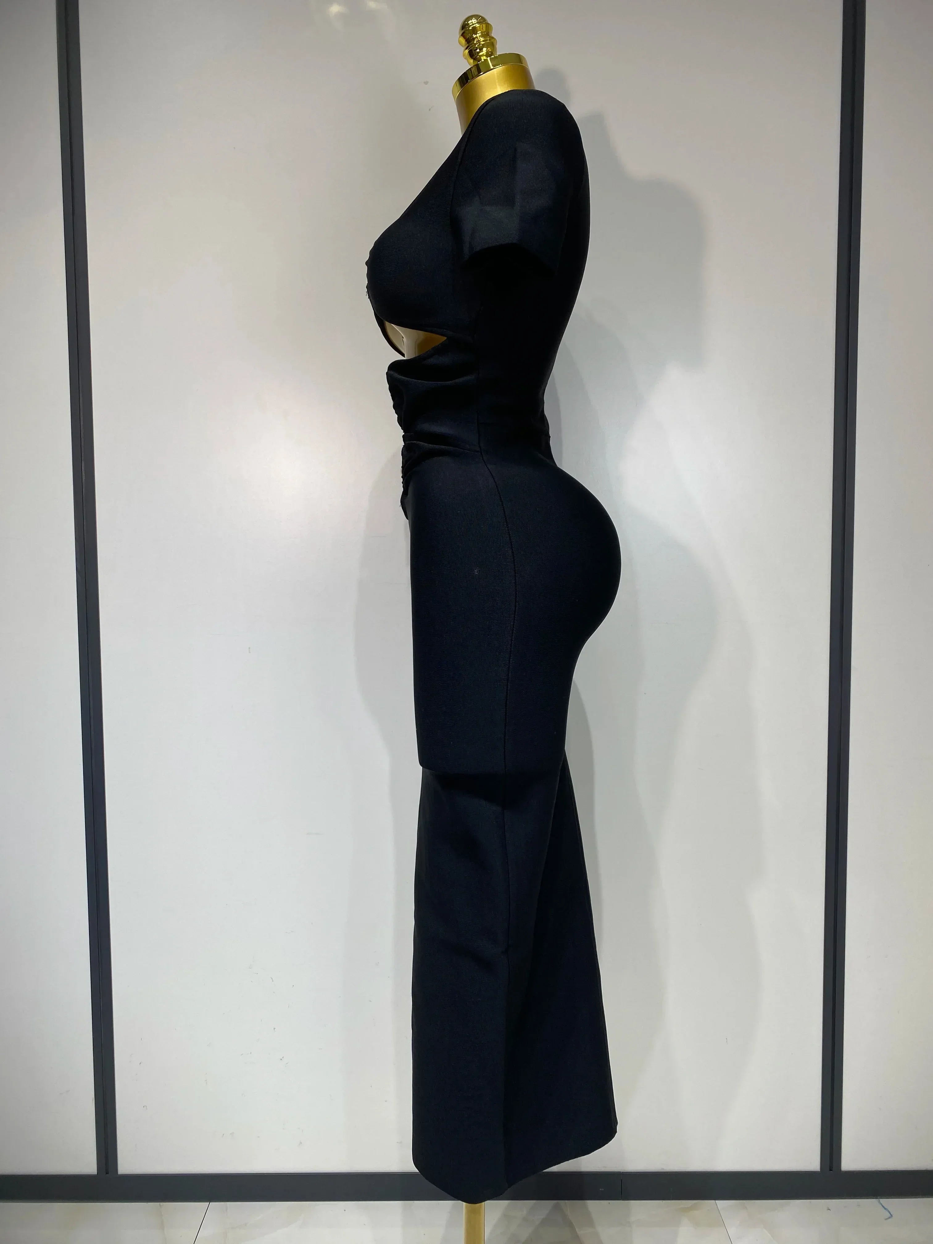 Women Sexy Cut Out Short Sleeve Bodycon Long Dress  Party Evening Celebrate Birthday Black Bandage Knitted Club Prom Gown