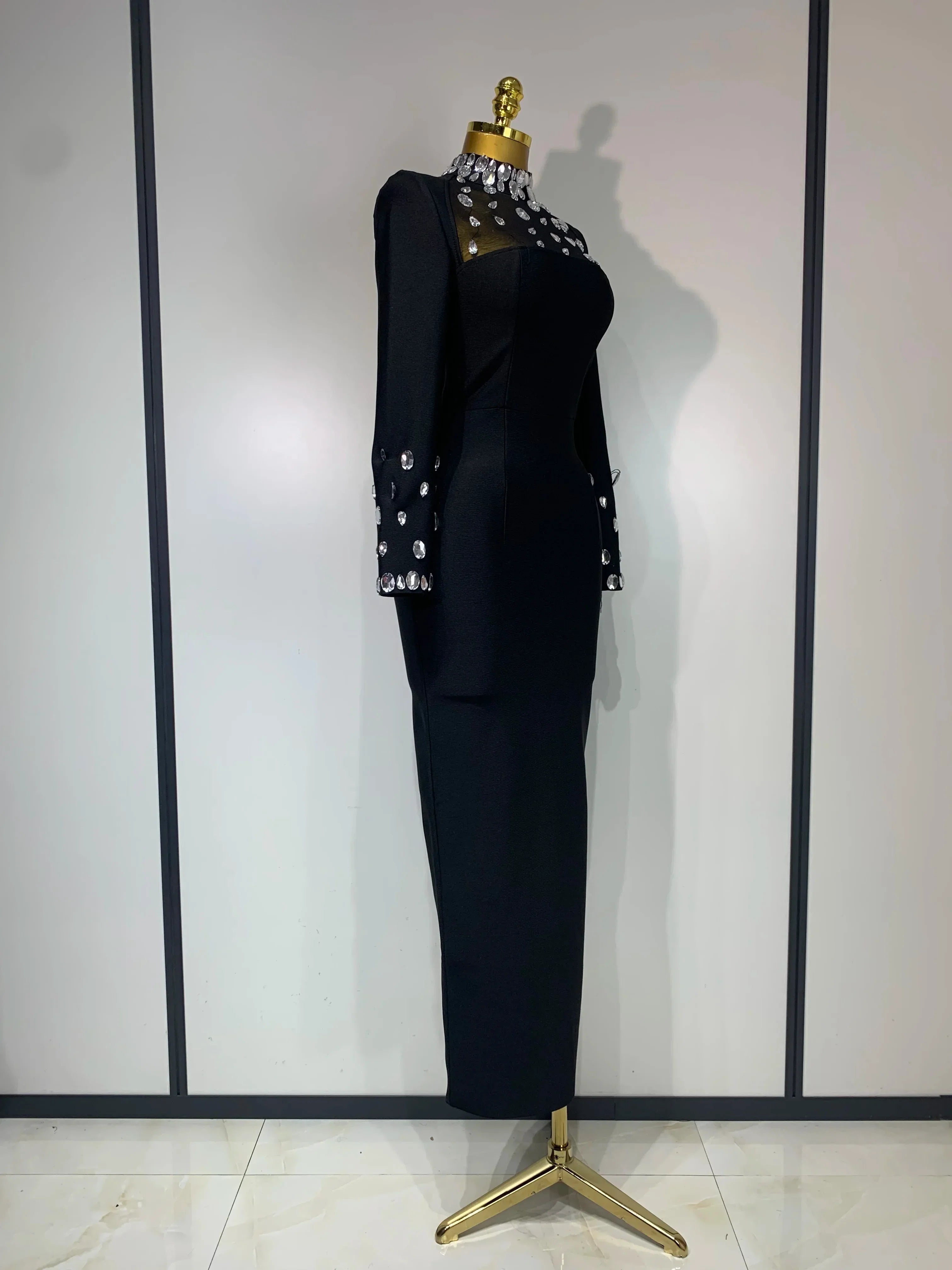 Luxury Birthday Dresses Sparkly Diamond Long Sleeve Black Bodycon Bandage Dress Women Wedding Evening Club Party Prom Gowns