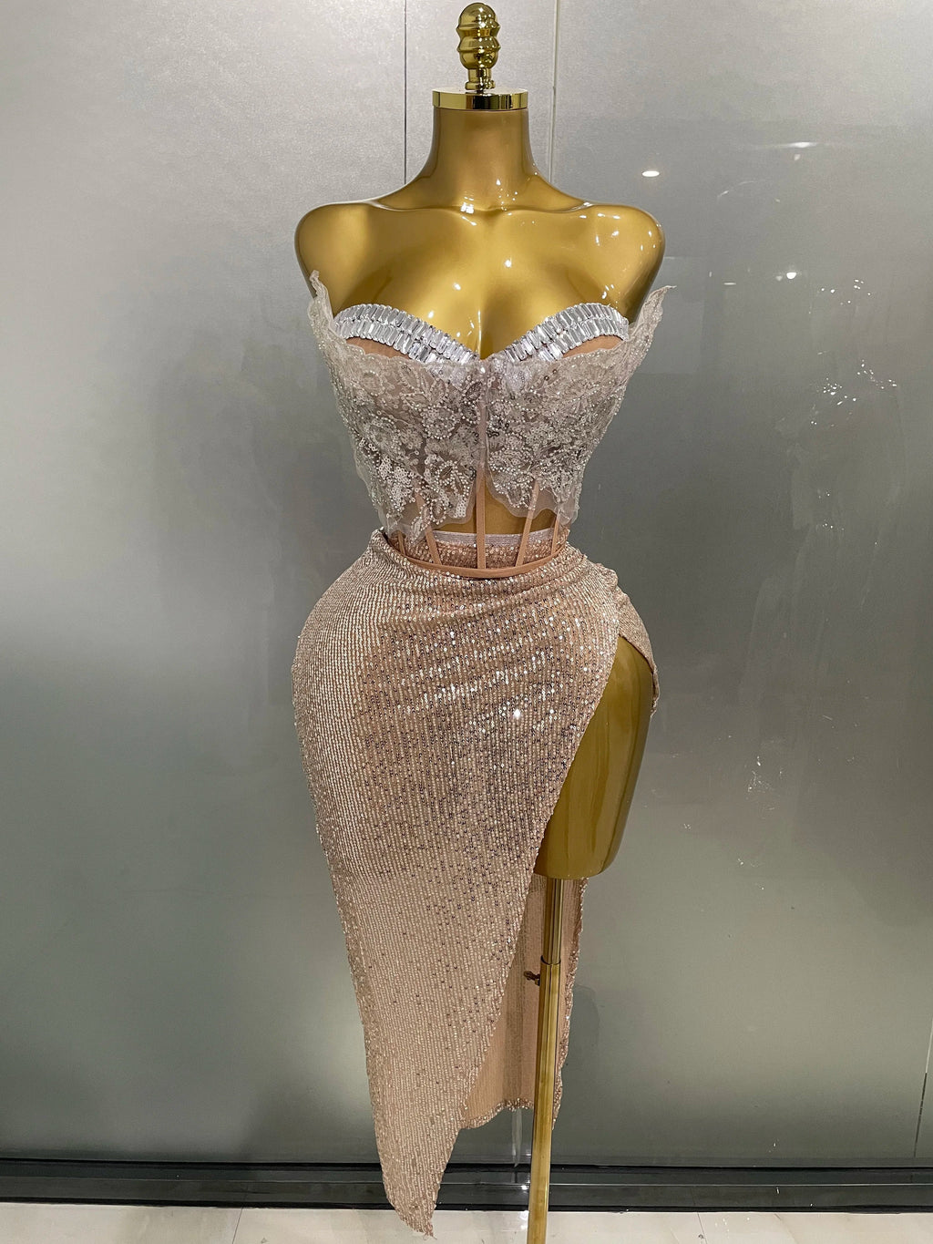 Women Sparkle Rhinestone Sequins Two Pieces Evening Party Dress Celebrate Festival Dancer Bar Nightclub Ds Dj Stage Wear Khaki