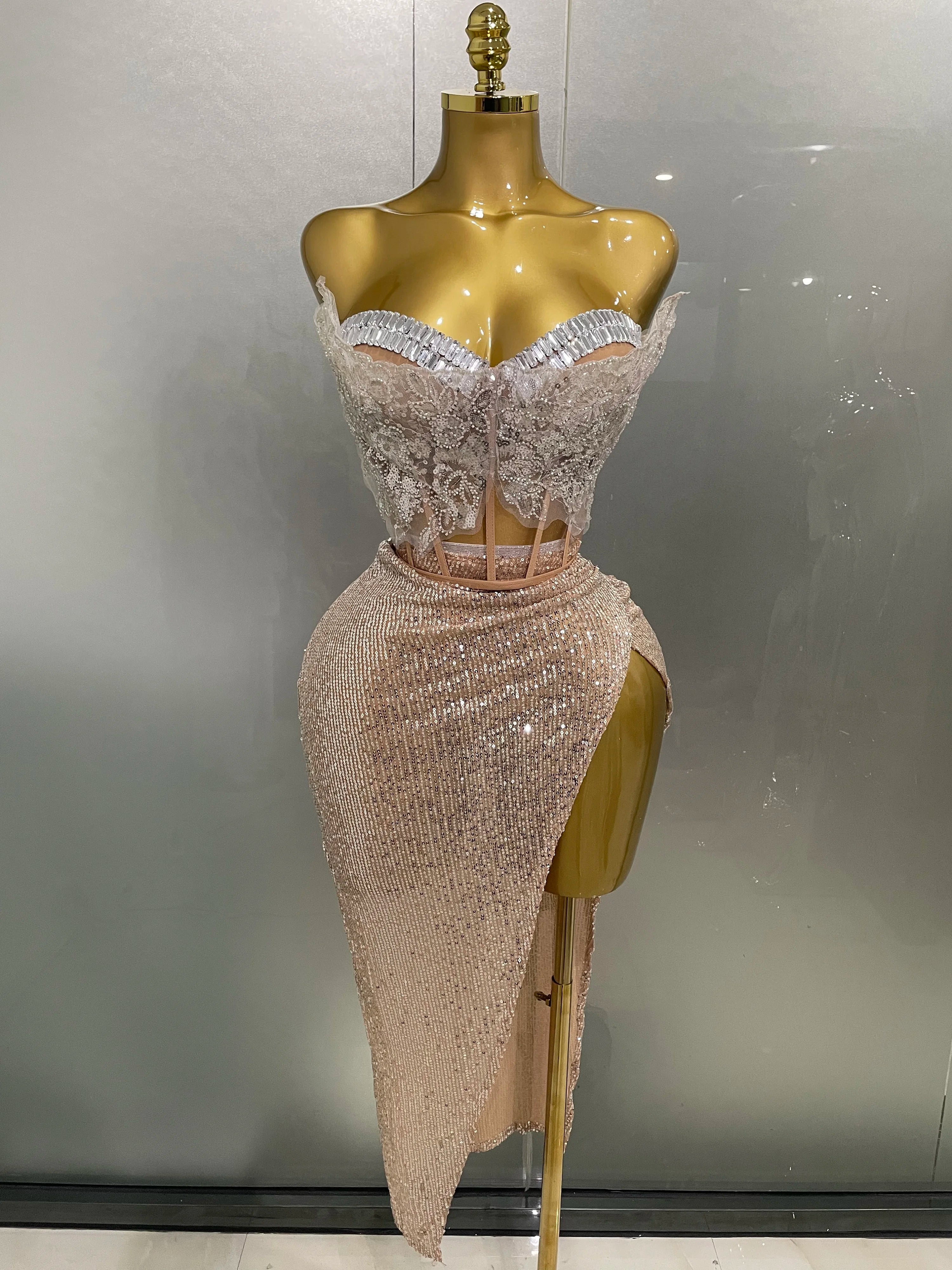 Women Sparkle Rhinestone Sequins Two Pieces Evening Party Dress Celebrate Festival Dancer Bar Nightclub Ds Dj Stage Wear Khaki