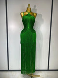 Women Sexy Backless Tassel Black Ankle Bodycon Bandage Dress Celebrity Elegant Evening Club Luxury Birthday Party Dresses green