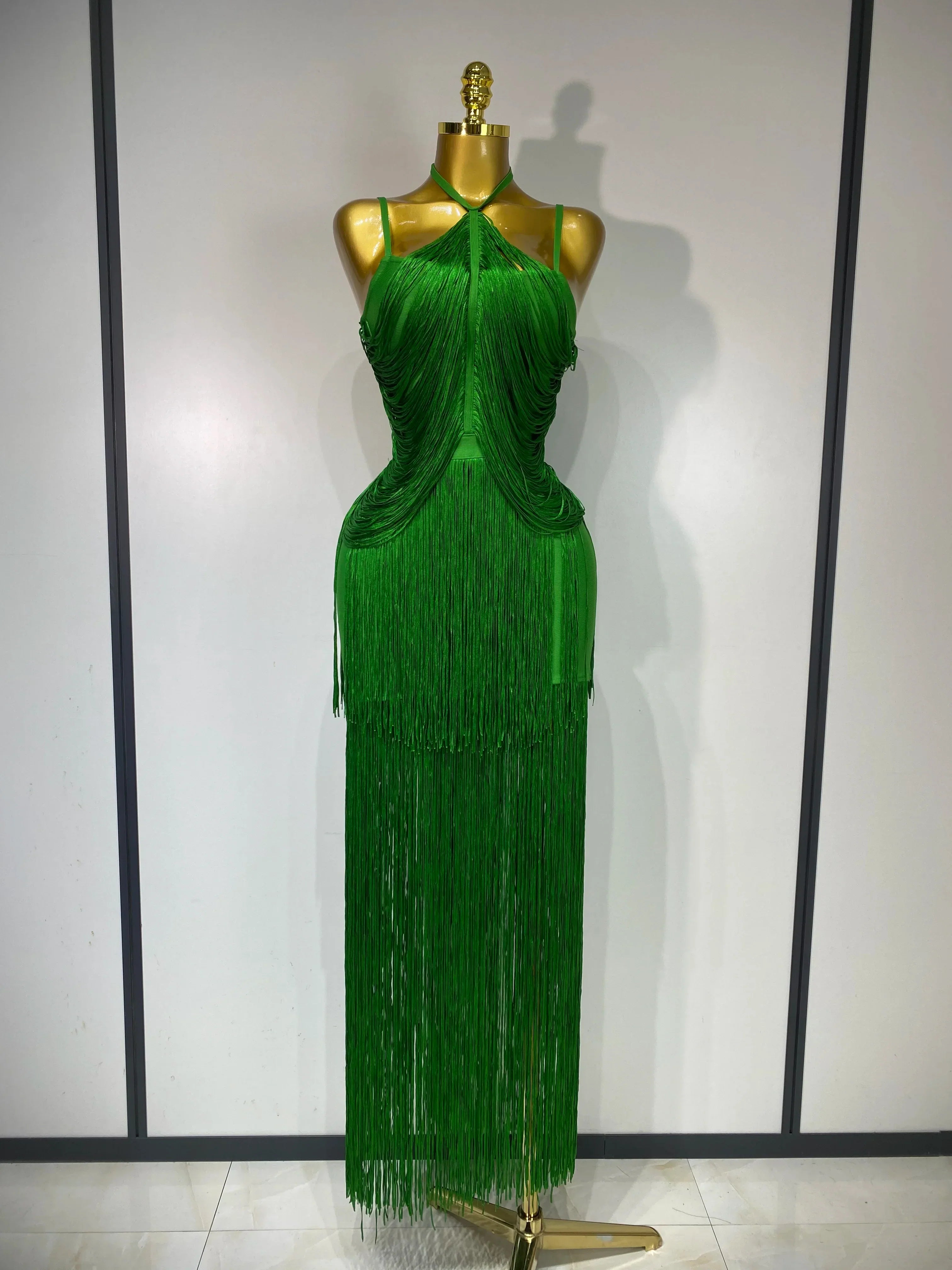 Women Sexy Backless Tassel Black Ankle Bodycon Bandage Dress Celebrity Elegant Evening Club Luxury Birthday Party Dresses green