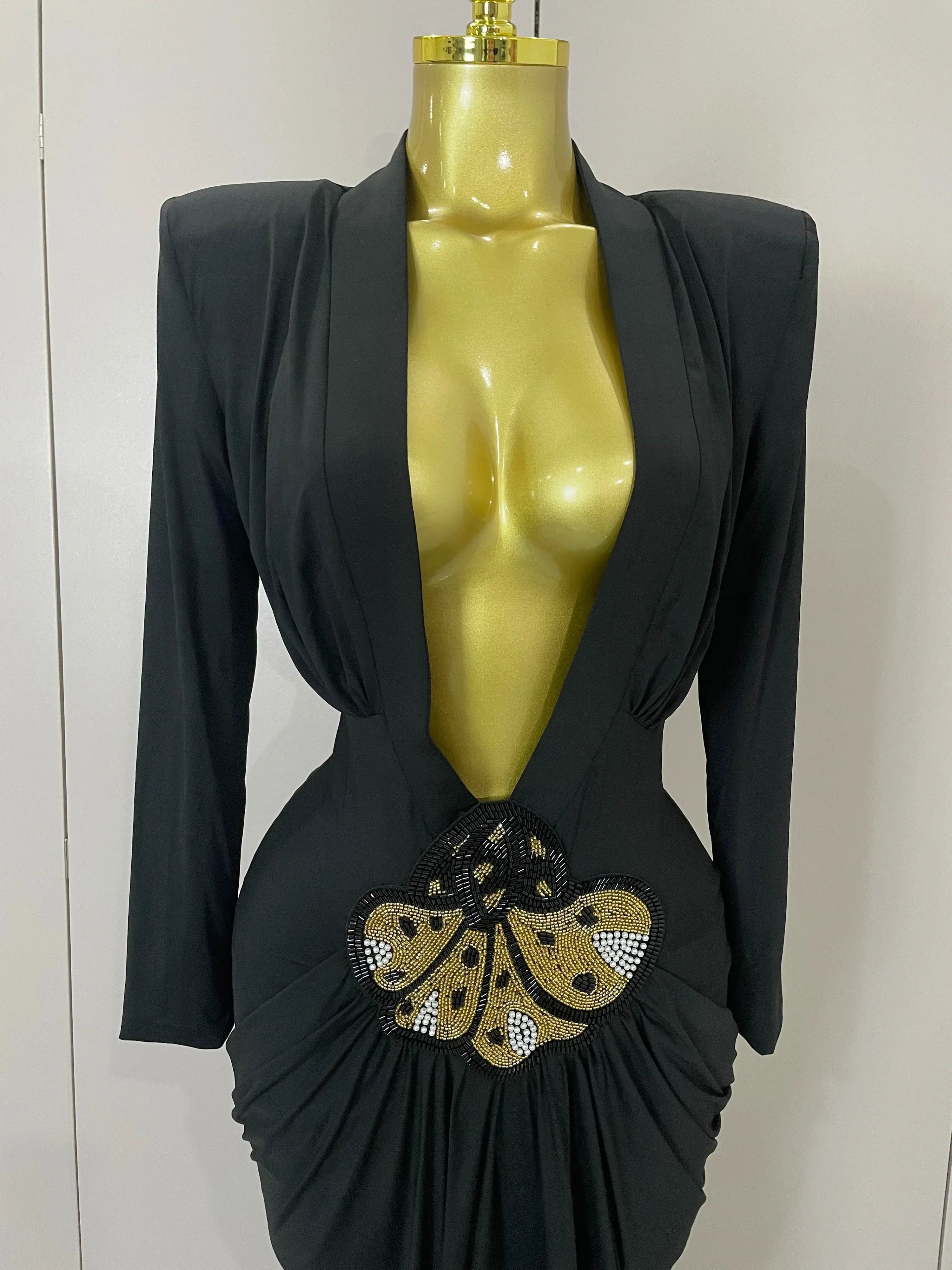 Sexy Deep V-Neck  Long Sleeve Bodycon Long Dress  Women Spring Elegant Evening Party Celebrate Cocktail Outfit Vestido