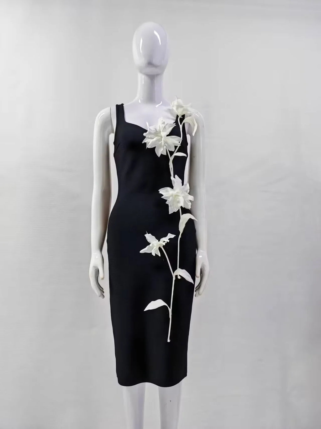 Women Sleeveless Sexy O-Neck Flowers Bodycon Mid-calf Bandage Dress Birthday Party Celebrate Cocktail Dress black
