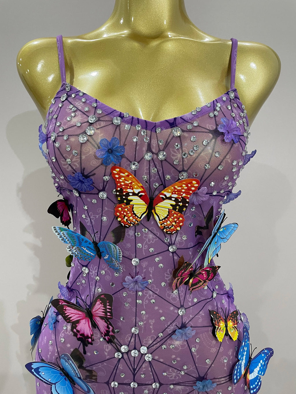 Women Celebrity Luxury Birthday Nightclub Stage Outfit  Sparkly Butterfly Purple Sexy Mesh See Through Dress