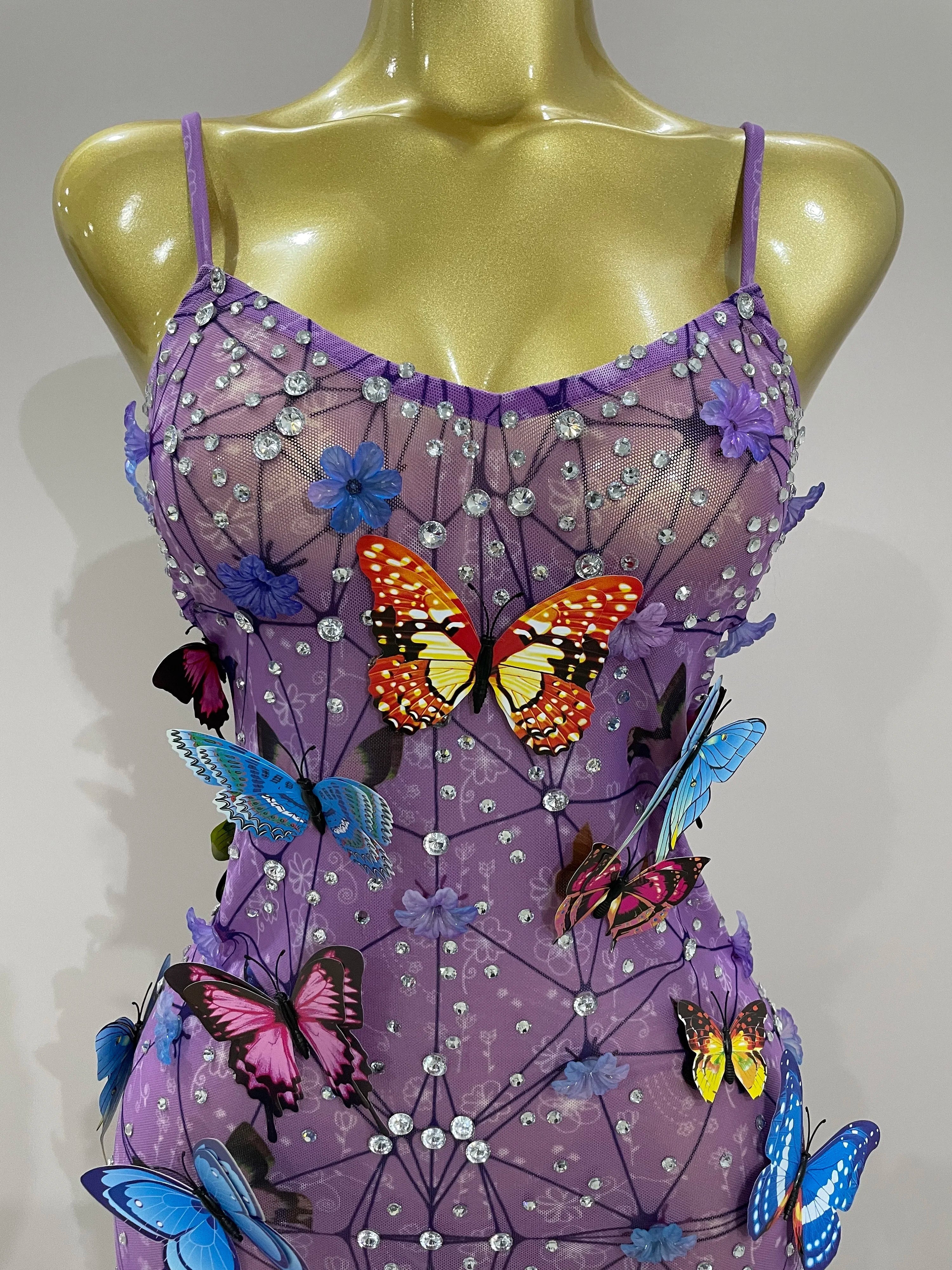 Women Celebrity Luxury Birthday Nightclub Stage Outfit  Sparkly Butterfly Purple Sexy Mesh See Through Dress