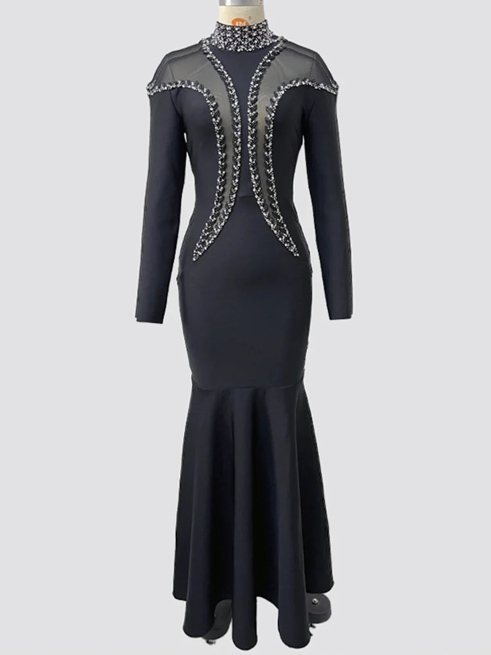 Newest Fashion Designer Party Vestido Women'S Diamonds Mesh Long Sleeves Bodycon Mermaid Long Maxi Dress