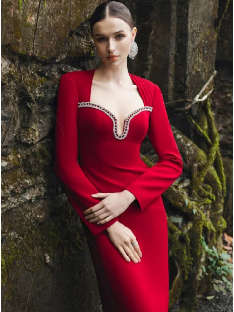 New Style Women Long Sleeve Sexy Square Collar Shinning Diamond Bodycon Long Bandage Dress Elegant Evening Mermaid Outfit